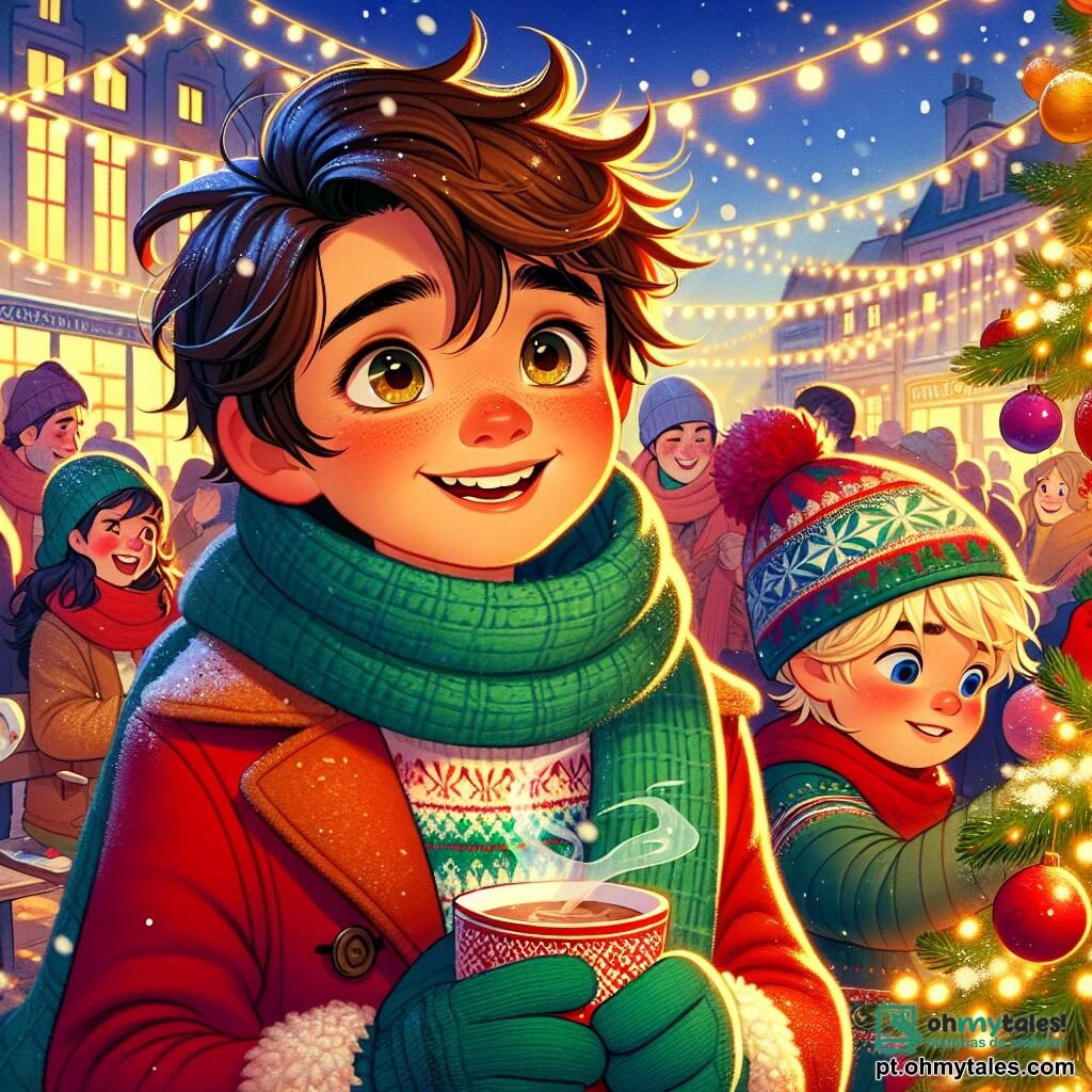 Um garoto de 10 anos, Miguel, com cabelos castanhos bagunçados e olhos brilhantes de curiosidade, está no centro da imagem, com um grande sorriso iluminando seu rosto. Ele veste um casaco vermelho vivo, um cachecol de lã verde e luvas combinando, segurando uma xícara de chocolate quente fumegante em suas mãos, com as bochechas levemente rosadas pelo frio. Ao lado dele, um garoto da mesma idade, João, com cabelos loiros e olhos azuis, está decorando uma grande árvore de Natal com guirlandas coloridas. Ele usa um gorro de Natal e um suéter com padrões festivos, exibindo uma expressão alegre e concentrada. O cenário é um mercado de Natal animado, cheio de barracas coloridas adornadas com luzes cintilantes, decorações festivas e flocos de neve caindo suavemente do céu estrelado. Famílias passeiam, rindo e aproveitando a atmosfera acolhedora. A situação principal mostra Miguel e João, unidos por sua amizade, decorando a árvore de Natal de um orfanato, cercados por outras crianças maravilhadas, criando uma atmosfera de alegria e compartilhamento, simbolizando o espírito do Natal.
