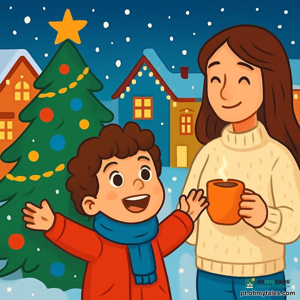 Um garoto de 8 anos, Tomás, com cabelos castanhos e cacheados, e olhos brilhantes de curiosidade, está em frente a um grande pinheiro de Natal, seu rosto radiante de alegria e deslumbramento. Ele usa um casaco vermelho vivo e um cachecol de lã azul, com as bochechas rosadas pelo frio. Ao seu lado, sua mãe, uma mulher de cerca de 35 anos, com cabelos longos e castanhos, sorri carinhosamente, vestindo um suéter de tricô creme e segurando uma xícara de chocolate quente. A cena ocorre em uma charmosa cidade pequena, onde as casas estão decoradas com luzes e flocos de neve caem suavemente do céu estrelado, cobrindo o chão com um manto branco cintilante. Tomás levanta os braços em saudação à neve que cai, seus olhos brilhando de felicidade, enquanto sua mãe o observa com orgulho, criando uma atmosfera calorosa e festiva, cheia da magia do Natal.