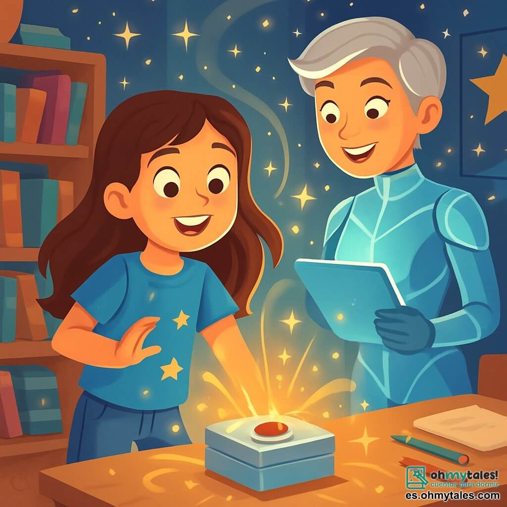 Una niña de 10 años, llamada Sofía, con largos cabellos castaños y ojos llenos de curiosidad, se encuentra en el centro de la escena. Lleva una camiseta azul con estrellas y unos jeans, mostrando una expresión de asombro y emoción. A su lado, la Directora Vega, una mujer de unos treinta años, vestida con un traje futurista brillante y con cabello corto y plateado, sonríe amablemente mientras sostiene una tableta luminosa. La escena se desarrolla en una habitación mágica para niños, llena de libros de cubiertas coloridas, carteles de estrellas y un escritorio de madera con lápices esparcidos. Luces centelleantes flotan a su alrededor, creando una atmósfera de cuento de hadas. Sofía acaba de descubrir una misteriosa caja plateada que la invita a convertirse en una Agente del Tiempo, y duda un momento antes de presionar el botón rojo, desencadenando una explosión de luz y energía a su alrededor.