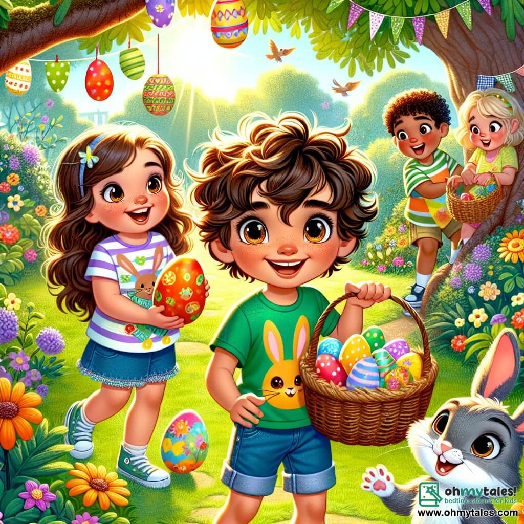 A 10-year-old boy named Oliver, with messy brown hair and sparkling eyes, is at the center of the image. He wears a colorful t-shirt with bunny patterns and denim shorts, holding a wicker basket filled with colorful Easter eggs, a big smile lighting up his face as he looks at his friends with excitement. Next to him, Daisy, a 10-year-old girl with big brown curls and a bright smile, holds a chocolate egg in her hands, her eyes shining with wonder. Max, a 9-year-old boy with messy blonde hair and a green t-shirt, is pointing at a tree where a red egg is hanging, looking determined and enthusiastic. The scene takes place in a sunny garden filled with colorful flowers and Easter decorations like paper garlands and floating balloons. In the background, a large oak tree provides shade, and a little bird sings on a branch. Oliver and his friends are on an egg hunt, laughing and running around the garden, searching for hidden eggs, while a little gray rabbit, Binky, curiously watches them from a corner of the image, adding a touch of magic to this joyful Easter adventure.