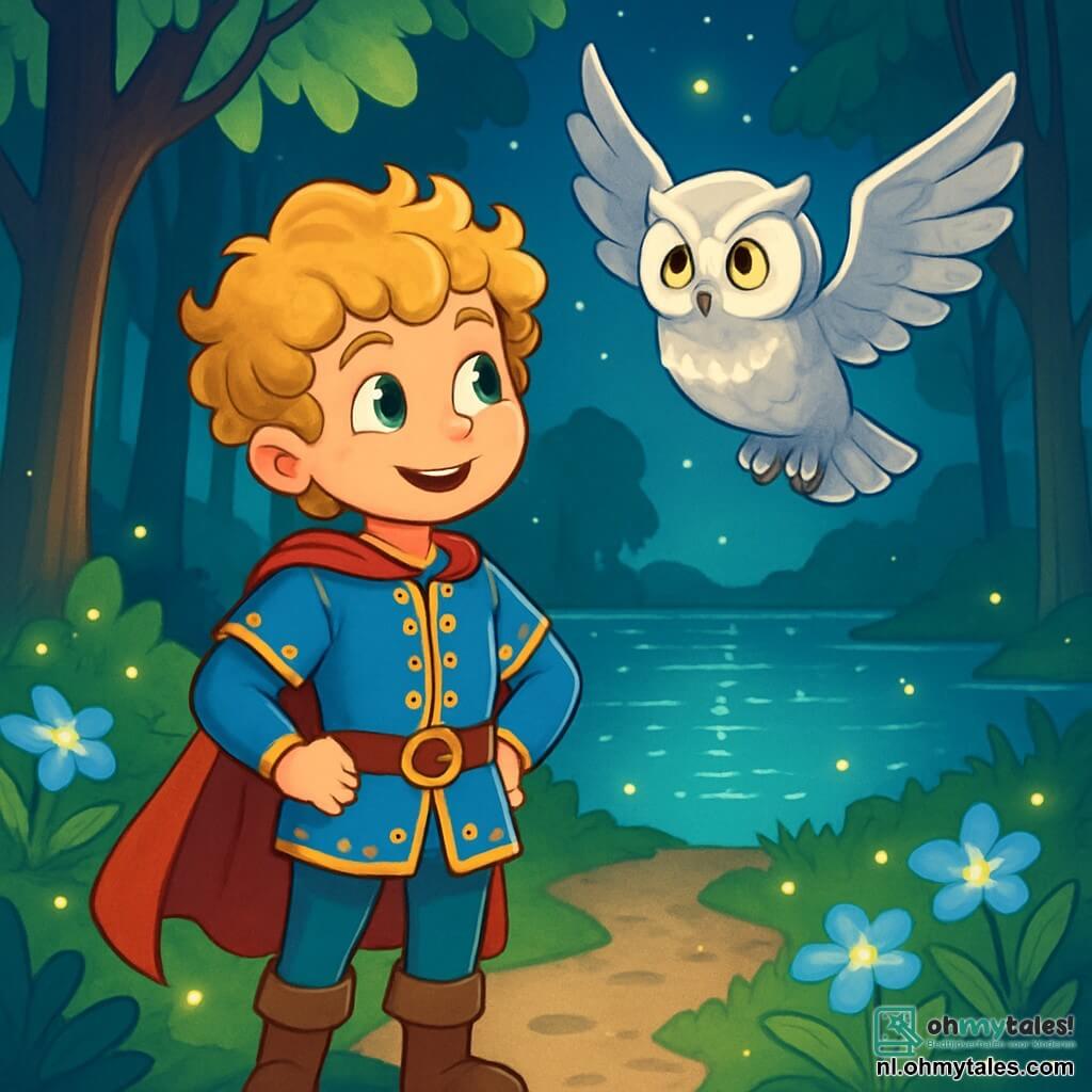Een prins genaamd Elian, ongeveer 10 jaar oud, met gouden krullend haar en nieuwsgierige ogen, staat aan de oever van een glinsterend meer. Hij draagt een blauwe tuniek versierd met gouden patronen, en zijn gezicht straalt blije vastberadenheid uit. Naast hem zweeft een majestueuze zilveren uil met glanzende veren en heldere ogen, die hem geheimen lijkt toe te fluisteren. De omgeving is een prachtig betoverd bos, met hoge, slanke bomen waarvan de bladeren als smaragden glinsteren in het maanlicht. Luminescente bloemen omringen het pad, en vuurvliegjes dansen om hen heen, wat een vleugje magie aan de scène toevoegt. De belangrijkste situatie toont Elian die aandachtig naar de uil luistert terwijl hij zich voorbereidt om zijn pad te kiezen om het Glinsterende Hart te vinden, met een uitdrukking van opwinding en avontuur op zijn gezicht.