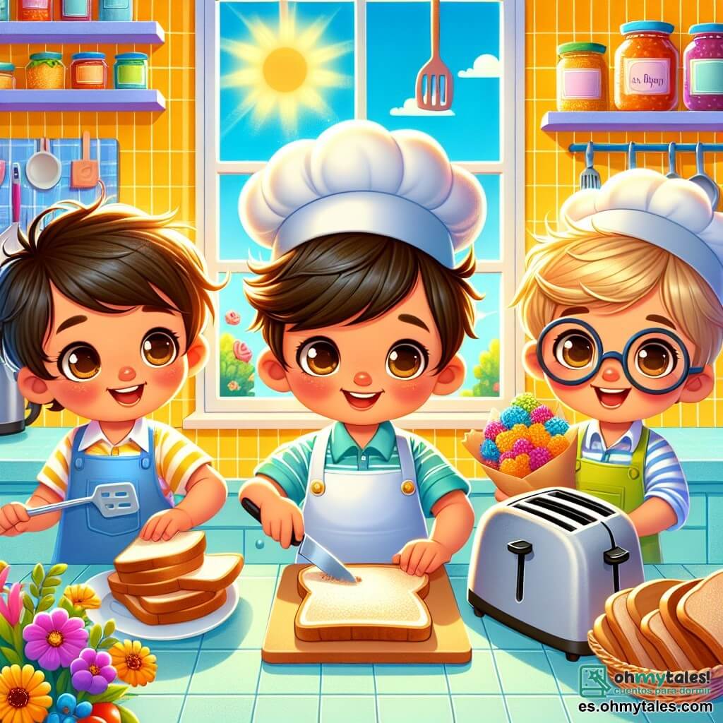 En una cocina colorida y soleada, tres niños están preparando un desayuno sorpresa. Miguel, un niño de cinco años con cabello castaño y ojos brillantes, lleva un delantal azul y un pequeño sombrero de chef. A su derecha, Pedro, también de cinco años y con cabello rubio, intenta alcanzar la tostadora con determinación. A la izquierda, Luis, con cabello negro y gafas redondas, sostiene un ramo de flores que acaba de recoger, sonriendo. La cocina es luminosa, con paredes amarillas y estanterías llenas de tarros de mermelada. Los niños preparan un desayuno sorpresa para sus mamás, con tostadas doradas y flores frescas, listos para despertarlas con alegría por el Día de la Madre.