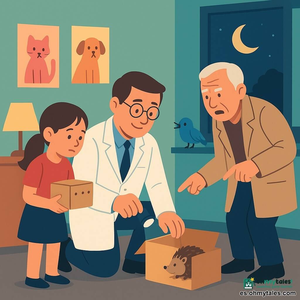 Un veterinario llamado Bruno, de rostro redondo y gafas finas, sonriente y sereno, se arrodilla con una linterna examinando con calma una caja; a su izquierda Vera, una niña de unos 8 años con coleta, sostiene una caja de cartón de la que se escucha un maullido; a la derecha un hombre mayor del parque, de unos 60 años con abrigo beige y aspecto preocupado, señala una caja con un erizo herido; en el alféizar detrás de Bruno está posado un pequeño pájaro azul con las plumas despeinadas; la sala de espera, iluminada por una lámpara cálida, tiene paredes verde pastel, carteles coloridos de animales y una gran ventana con la luna en cuarto; la escena transmite una atención nocturna organizada, cálida y tranquilizadora.