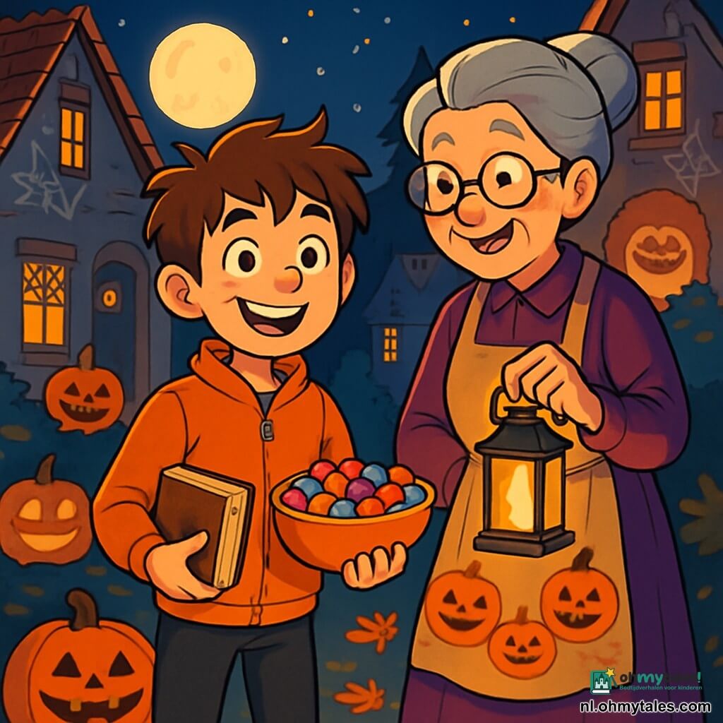 Een 12-jarig jongetje met tous haar en nieuwsgierige ogen staat in het midden van een Halloween-scène. Hij draagt een feloranje jas en een zwarte broek, zijn gezicht straalt met een brede en enthousiaste glimlach terwijl hij een oud boek in de ene hand en een kom snoep in de andere houdt. Naast hem staat een oude vrouw, waarschijnlijk in de zestig, met zilvergrijs haar in een knot en ronde brillen, die warm glimlacht. Ze draagt een paarse fluwelen jurk en een schort met pompoenpatroon, terwijl ze een kleine lantaarn vasthoudt die de scène verlicht. De achtergrond is een pittoresk dorp met stenen huizen met schuine daken, versierd met Halloween-decoraties: glinsterende spinnenwebben en lachende pompoenen op de veranda's. De sterrenhemel is helder, en een volle maan straalt boven hen, waardoor een zachte gloed op de met gekleurde bladeren bedekte grond valt. De hoofdscène toont het jongetje en de oude vrouw die samen lachen en verhalen delen, omringd door flikkerende lantaarns terwijl ze een verrassing voor de kinderen van het dorp voorbereiden.