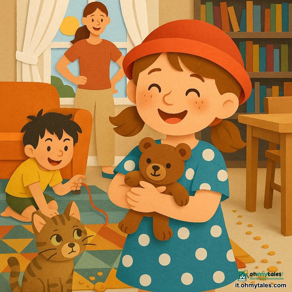 Bambina di 6 anni felice e orgogliosa, viso rotondo con lentiggini, capelli castano chiaro in codini, cappello rosso e vestito blu a pois, tiene un piccolo orso di peluche marrone stretta al petto; il fratellino di circa 4 anni, capelli neri spettinati e sorriso malizioso, accovacciato a sinistra vicino al divano indica una corda rossa, mentre un gatto tigrato dagli occhi verdi (Leo) curioso è seduto vicino alle briciole guardando l'orsacchiotto; la madre adulta sullo sfondo sorride dolcemente con i capelli raccolti, mani sui fianchi, vicino a una grande finestra soleggiata; ambiente: loft luminoso e colorato con divano arancione, tappeto geometrico, scaffale di libri e tavolo da cucina in legno chiaro; scena: una scia di briciole conduce sotto il tavolo, la bambina si china per riprendere l'orsacchio trovato tra le gambe delle sedie, gioia visibile; stile visivo: carta ritagliata netta, colori vivaci e contrastati, texture cartacee visibili, contorni morbidi e ombre semplici, composizione centrata su bambina e orso.