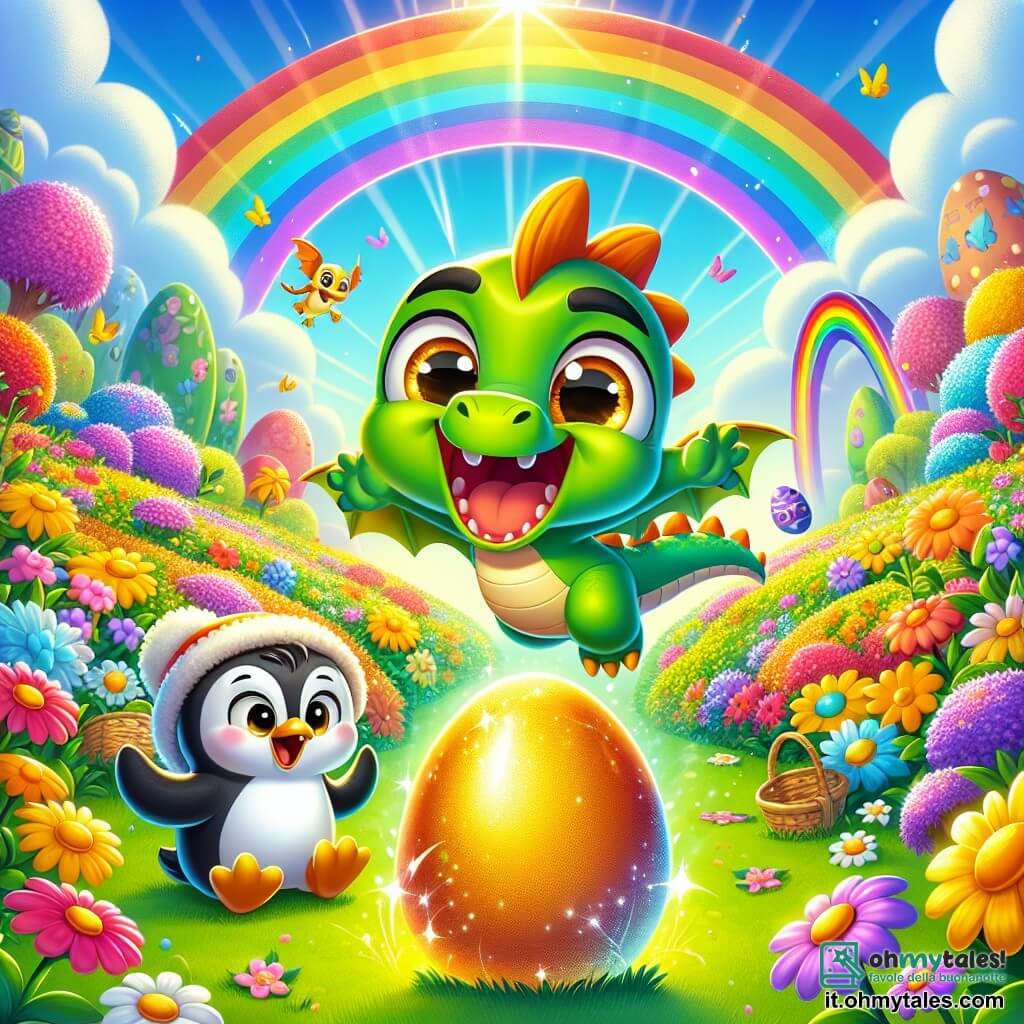 Un piccolo drago di nome Drakino, con squame verdi brillanti e occhi dorati scintillanti di gioia, si trova al centro di un magnifico giardino di fiori colorati, saltellando di eccitazione alla vista di un arcobaleno splendente sopra di lui. Accanto a lui, il suo amico Pingu, un pinguino dalle piume bianche e nere, con un ampio sorriso e occhi curiosi, osserva con meraviglia un grande uovo d'oro scintillante, posato sull'erba. Il giardino è pieno di fiori vivaci e uova di Pasqua decorate sono nascoste tra i cespugli. La scena trasmette un'atmosfera gioiosa e festosa, illustrando il momento in cui Drakino e Pingu scoprono il mistero dell'arcobaleno e la sorpresa di Pasqua.