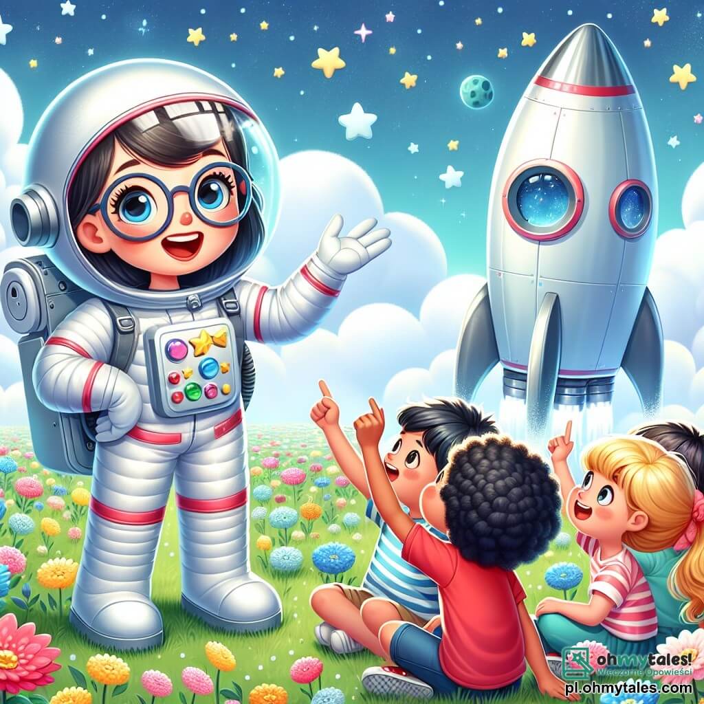 Astronautka Pani Ania, uśmiechnięta i entuzjastyczna, nosi duży hełm i białe skafandry kosmiczne z kolorowymi gwiazdami. Stoi przed swoją błyszczącą rakietą, gotowa do startu w kosmos, z oczami błyszczącymi z ekscytacji. Obok niej grupa trzech dzieci: 7-letni chłopiec z brązowymi włosami i okularami, który z zachwytem patrzy na rakietę; 6-letnia dziewczynka z blond, kręconymi włosami, która podnosi rękę, aby zadać pytanie; oraz 5-letni chłopiec w czerwonym t-shircie, który szeroko się uśmiecha, wskazując w niebo. Miejsce to rozległe, zielone pole usiane kolorowymi kwiatami, z błyszczącą, srebrną rakietą w tle, otoczoną puszystymi białymi chmurami. Główna scena pokazuje Panią Anię, która wyjaśnia dzieciom, jak przygotowuje się do podróży w kosmos, z radosnymi i żywymi gestami, podczas gdy dzieci słuchają jej uważnie, z oczami pełnymi ciekawości i podziwu.
