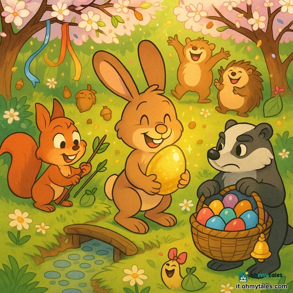 Pippo, un coniglio antropomorfo dal pelo nocciola e grandi orecchie morbide, sorride tenendo sul petto un grande uovo d'oro scintillante; a sinistra Nocciolina, una piccola scoiattolina rossa dalla coda folta, sistema frecce di foglie su un bastone; a destra Timo, un tasso robusto grigio e nero, porta una grande cesta di uova colorate con una piccola campanella alla zampa; altri animali formano un cerchio festoso sullo sfondo. La scena si svolge in una radura sotto mandorli in fiore, erba con margherite, nastri appesi ai rami e un sentiero di corteccia e ciottoli blu, con luce dorata mattutina e polvere d'oro che fluttua attorno all'uovo. Momento: celebrazione dopo la caccia alle uova, espressioni di gioia e cooperazione, decorazioni di petali e campanellini di ghianda. Stile grafico: colori vivaci, contorni netti, texture morbide, atmosfera calda e leggermente magica.