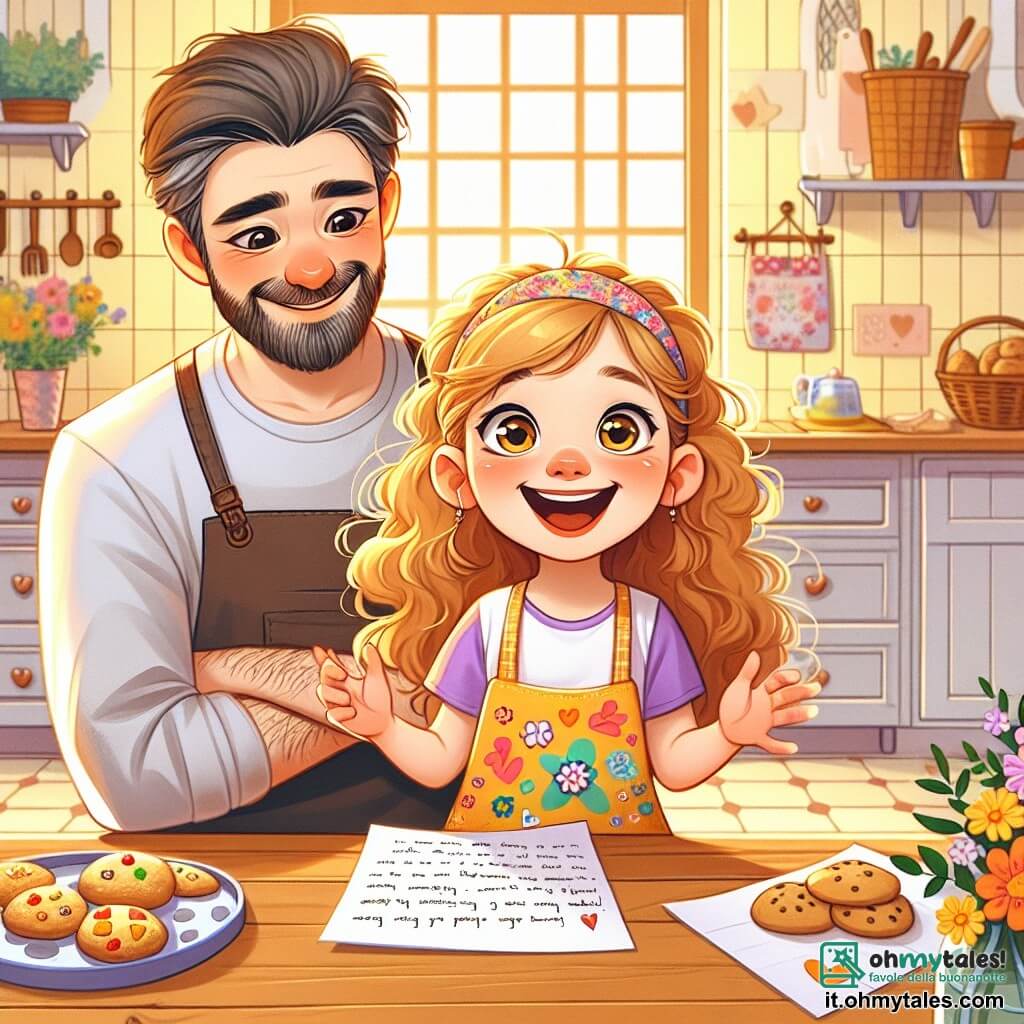 Una bambina di 9 anni, Sofia, con i capelli ricci e dorati e occhi scintillanti di gioia, è seduta a un tavolo di cucina in legno. Indossa un grembiule colorato decorato con disegni di fiori e cuori e sorride con entusiasmo, tenendo una lettera tra le mani. Accanto a lei, suo padre, un uomo sulla trentina con una barba morbida e un sorriso caloroso, è seduto su una sedia, gli occhi brillanti di emozione, pronto a leggere la lettera che sua figlia gli ha scritto. La cucina è luminosa e accogliente, con pareti dipinte di giallo pastello, finestre che lasciano entrare la luce del sole e un tavolo decorato con fiori colorati e biscotti appena sfornati. Sofia, impaziente ed eccitata, aspetta che suo padre scopra la sorpresa che ha preparato per la festa del papà, circondata da un profumo dolce di biscotti e da un'atmosfera di felicità familiare.