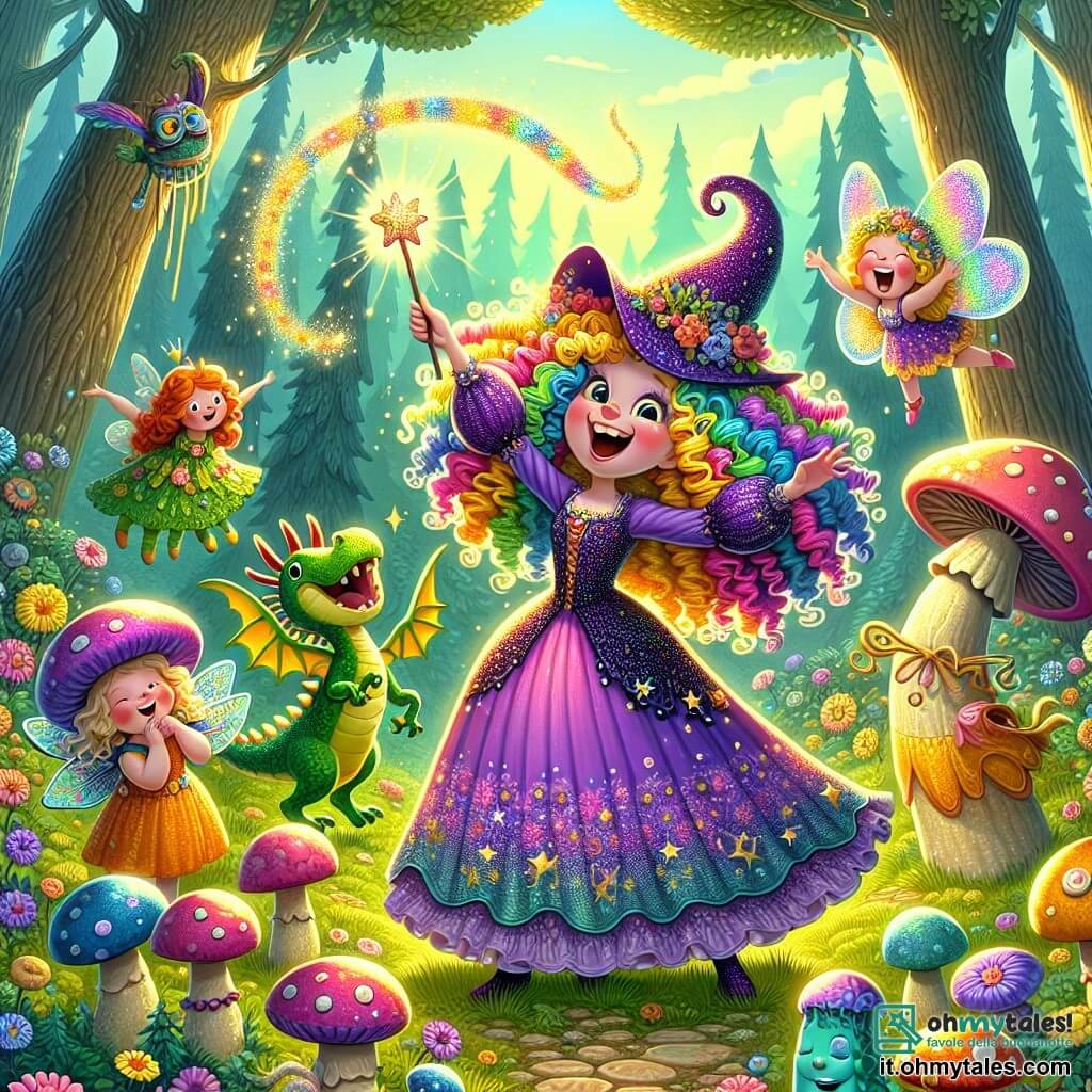 Al centro dell'immagine, una strega gioiosa di nome Biricchina, una giovane con capelli ricci e colorati, indossa un vestito viola decorato con stelle scintillanti. Sorride ampiamente, con gli occhi che brillano di malizia, mentre agita la sua bacchetta magica che emette scintille multicolori. A destra, il suo amico Draghetto, un piccolo drago verde con squame lucenti, batte le ali con entusiasmo, lanciando note musicali nell'aria. A sinistra, Luminosa, una fata luminosa con ali scintillanti e un vestito di petali di fiori, vola attorno a Biricchina lanciando glitter dorati. La scena si svolge in una foresta incantata, con alberi alti e maestosi e foglie che brillano sotto il sole al tramonto. Biricchina sta realizzando un incantesimo per far apparire un carosello di gelato nell'aria, mentre Draghetto e Luminosa la incoraggiano con risate e canti, riempiendo l'aria di gioia e magia.