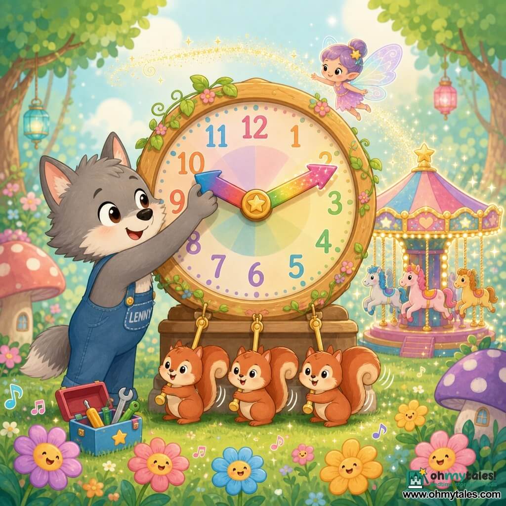 A young little wolf named Lenny, round-faced with soft whiskers, bright mischievous eyes and light gray fur with a white chest patch, smiling as he adjusts the large colorful hands of a rainbow clock with a small colorful toolbox at his feet; a tiny glittering fairy called Glimmer with iridescent translucent wings teasingly flutters above the clock leaving a trail of golden sparkle; three bouncing red squirrels with bushy tails stand lined at the clock’s base like pendulums, wagging their tails in rhythm to help him; the scene is an enchanted sunlit clearing with green grass dotted with singing bright flowers and pastel mushrooms, centered on a large round clock with painted numerals, a multicolored dial and thick gradient rainbow hands, joyful atmosphere, saturated colors, rounded shapes and soft textures, child-friendly composition.