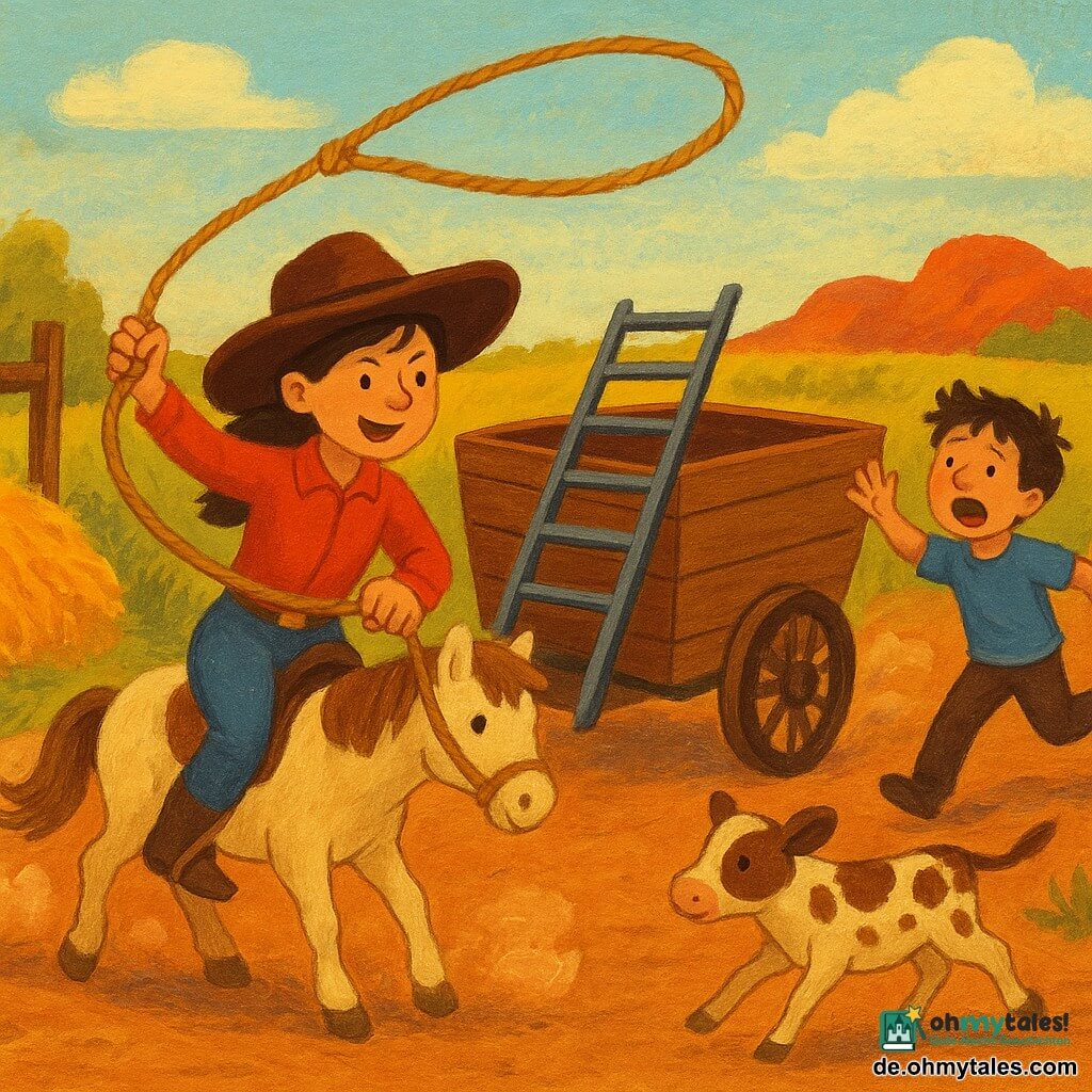 Lina, junges Mädchen mit großem braunem Hut und rotem Hemd, entschlossen und lächelnd, wirft energisch ein Lasso auf die Leiter eines schnell rollenden Holzwagens; ihr kleiner cremfarbener Pony Keks steht neben ihr, Ohren gespitzt, Hufe auf dem staubigen Boden, während Tom, etwa 10, mit zerzausten braunen Haaren, außer Atem aber erleichtert, ein paar Schritte rechts hinter dem Wagen herläuft und die Arme zu Lina hebt; ein weiß-braunes Kalb trottet nahe dem Heuhaufen, der Wagen ist leer, die Räder wirbeln Staub auf; Szenerie: ockerfarbene Erdstraße zwischen hohen grün-gelben Gräsern, warme kontrastreiche Farben, klare Bewegung und freundliche Ausdrücke, kindliche Gouache‑Anmutung mit weichen Konturen, Komposition auf Lassoaktion und wiedergewonnene Sicherheit zentriert.