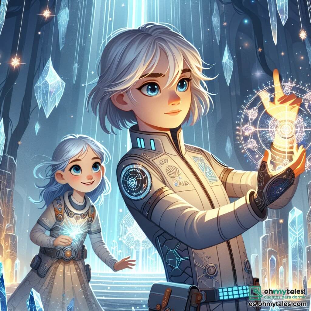 En el centro de la imagen, Lira, una joven de cabello plateado y ojos brillantes como estrellas, se encuentra con determinación, levantando la mano para invocar un poderoso hechizo de luz. Su rostro expresa tanto coraje como esperanza, mientras su traje espacial brilla con runas mágicas. A su lado, Kira, una niña de cabello azul brillante y sonrisa radiante, observa atentamente el cristal mágico que acaban de descubrir. Tiene alrededor de 12 años y lleva un traje tecnológico adornado con patrones futuristas. El escenario es el magnífico templo de Telestra, con paredes de cristal brillante y raíces de árboles luminosos entrelazándose a su alrededor. La situación principal muestra a Lira y Kira unidas en un momento de valentía, enfrentándose a una sombra amenazante que se disipa ante el poder de su magia. La escena está llena de colores vivos y detalles encantadores, capturando la esencia de la fantasía espacial.