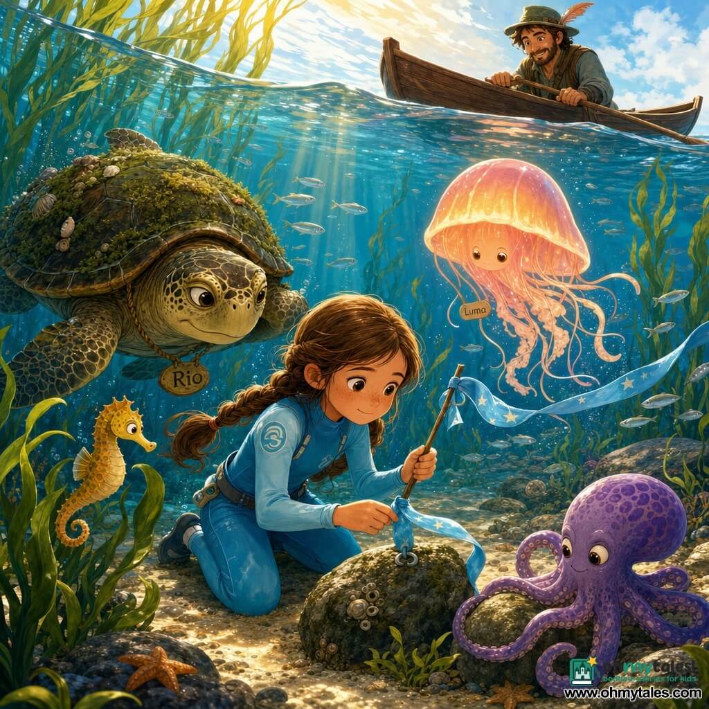 An 8-year-old girl with a round freckled face and two brown braids, calm and focused in a sky-blue wetsuit, ties a sky-blue starry ribbon with a small float to a holed rock to gauge the current while helping a small pufferfish retrieve a shell; her father, about 35 with light beard and a feathered hat, smiles reassuringly as he rows a small wooden skiff visible at the surface top right; to the girl's left swims Rio the sea turtle with a moss- and shell-covered shell and gentle eyes, a curious golden-spotted seahorse hovers by the kelp at her level, a playful purple-patterned octopus wraps a stone near the ribbon bottom right, and a Luma jellyfish with iridescent pink-orange bell glows behind her; the setting is a luminous underwater kelp garden with long waving green leaves, golden sunbeams, silver fish schools, smooth rocks and clear sand, saturated colors and high contrast centered on the girl and the ribbon.