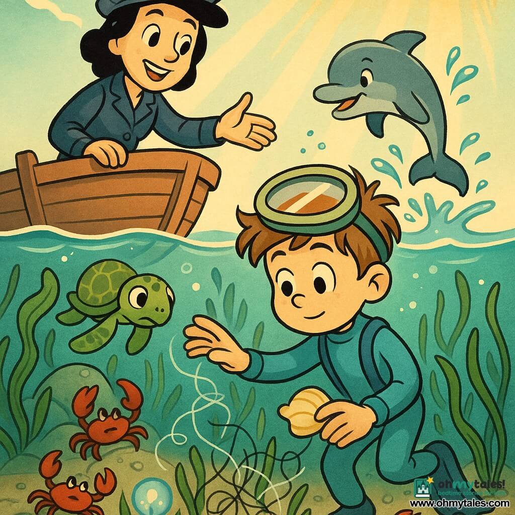 An 8-year-old calm, focused boy with a diving mask on his forehead and tousled light-brown hair, wearing a sky-blue wetsuit, delicately holds a shell tool and reaches to untangle a fishing line underwater; Captain Roa, a smiling reassuring woman of about 35 with dark hair under a wide mariner's beret, sits on the edge of a small wooden boat at the surface guiding him by hand; a playful silvery-gray dolphin surfaces nearby sending a small luminous spray; a serene green sea turtle floats near the boy among seagrass as a watchful observer; dark red crabs and a school of silvery fish animate the scene over a shallow rocky seabed with waving green seagrass, pale-blue plankton like lanterns and golden sunbeams through clear water; mood: patient, light-filled, saturated colors, soft outlines and rounded shapes in a retro cartoon style.