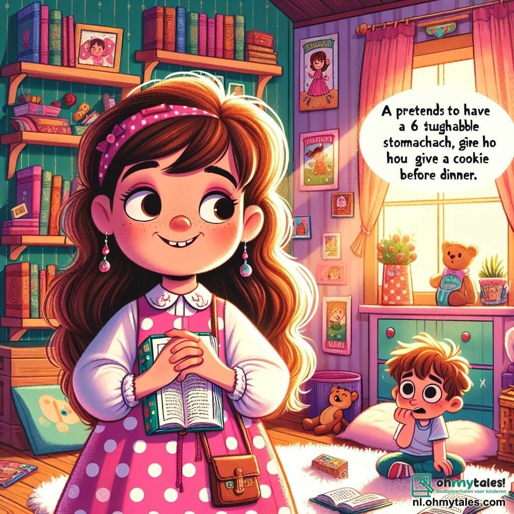Een 6-jarig meisje met lange bruine haren en sprankelende ogen staat in haar kamer, met een ondeugende en een beetje bezorgde blik. Ze draagt een roze jurk met stippen en houdt een open boek in haar handen. Naast haar zit haar beste vriend Tom, een 6-jarig jongetje met rommelig blond haar, nieuwsgierig kijkend op het zachte tapijt. De kamer is gevuld met kleurrijke boeken, houten planken en posters van sprookjes aan de muren. Een zachte zonnestraal valt door het raam en verlicht de op de grond verspreide speelgoed. Saar, met een ondeugende glimlach, doet alsof ze buikpijn heeft om haar moeder te overtuigen haar een koekje te geven voor het diner. Tom, geamuseerd, moedigt haar aan om door te gaan met haar kleine leugen, terwijl ze omringd zijn door de warme en uitnodigende sfeer van de kamer.