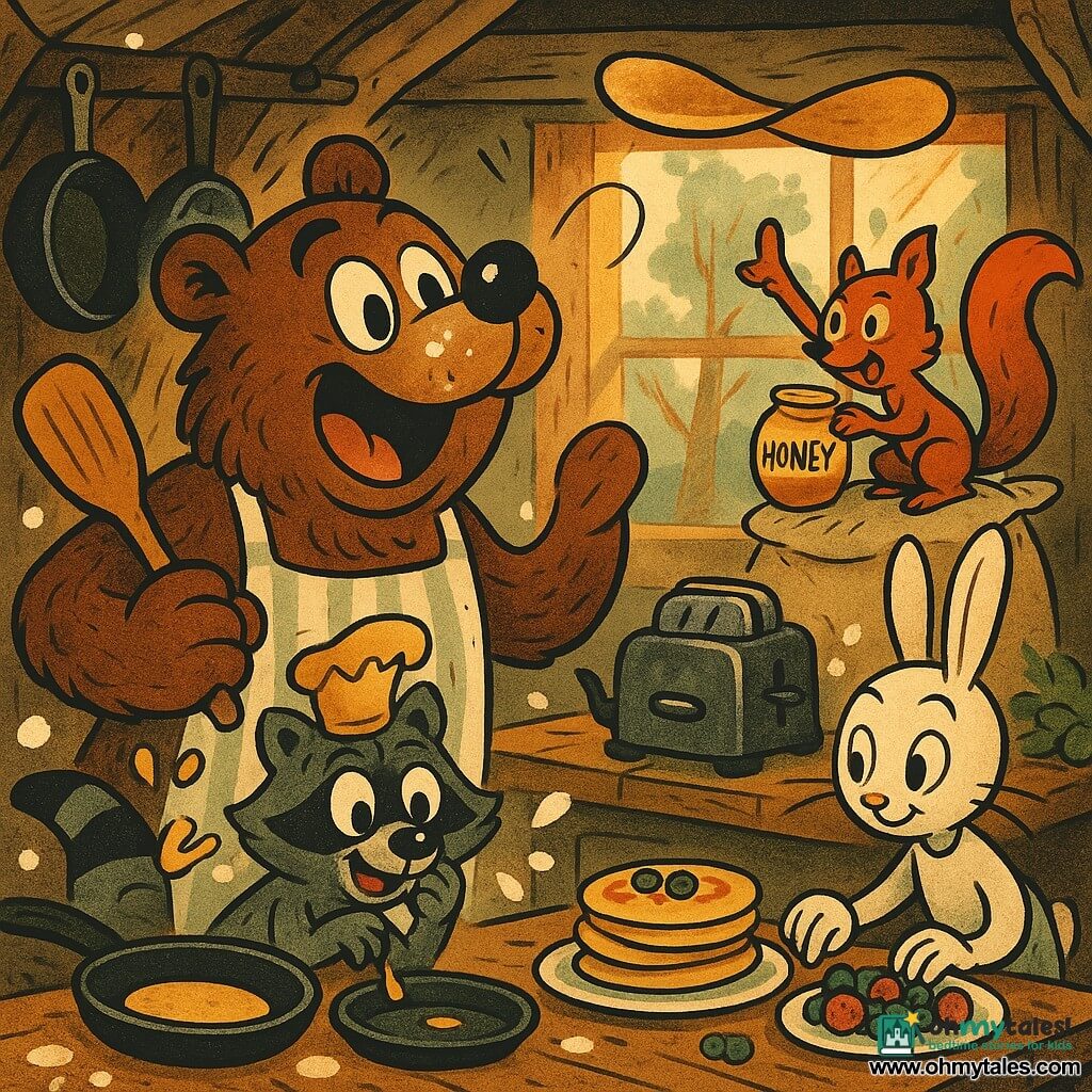 Bramble, a large brown bear in a striped apron with a joyful, awed expression and shiny round eyes, holding a big wooden spatula as a pancake flips through the air; Moss, a small gray-and-black raccoon, surprised and delighted with a golden pancake perched like a crown on his head, sitting by the pan and wiping syrup from a paw; Pip, a bright red squirrel perched on a sack of flour, focused and amused, holding a jar labeled HONEY and pointing at the scene; Juniper, a white rabbit with neat long ears and a subtle smile, arranging berries in perfect rows on a plate beside stacked pancakes; lively forest kitchen with a worn wooden countertop, gently swaying hanging pots, a vintage toaster and steaming teapot, warm light through a window showing trees; comical cooking chaos—an airborne pancake, a curve of flour dust, splatters of batter and syrup, joyful mood, warm contrasting colors and exaggerated rubber-hose style lines.