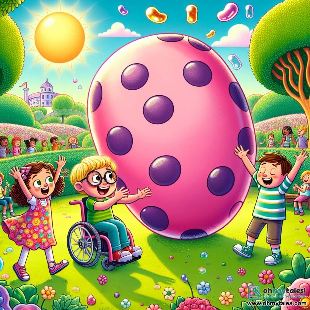 In a sunny park in the city of Giggleberry, three friends gather around a gigantic pink jellybean with purple polka dots. Lily, an 8-year-old girl with curly hair and a colorful dress, spins around with her arms raised and a big smile. Ben, a 9-year-old boy with blond hair and round glasses, stands beside her, wide-eyed in surprise, pointing at the jellybean. Max, a 10-year-old boy in a wheelchair with brown hair and a striped t-shirt, laughs heartily, hands in the air like a superhero. The park is filled with colorful flowers swaying in the wind, spiraled tree trunks, and floating bubbles that pop softly. At the center, the giant jellybean looks shiny and delicious, as a small character with big ears, Jumpy, a Jellybean Jumper, emerges from inside with round eyes and a joyful smile. The main scene shows the friends exploring this magical jellybean, ready for a wacky adventure in a world full of surprises.