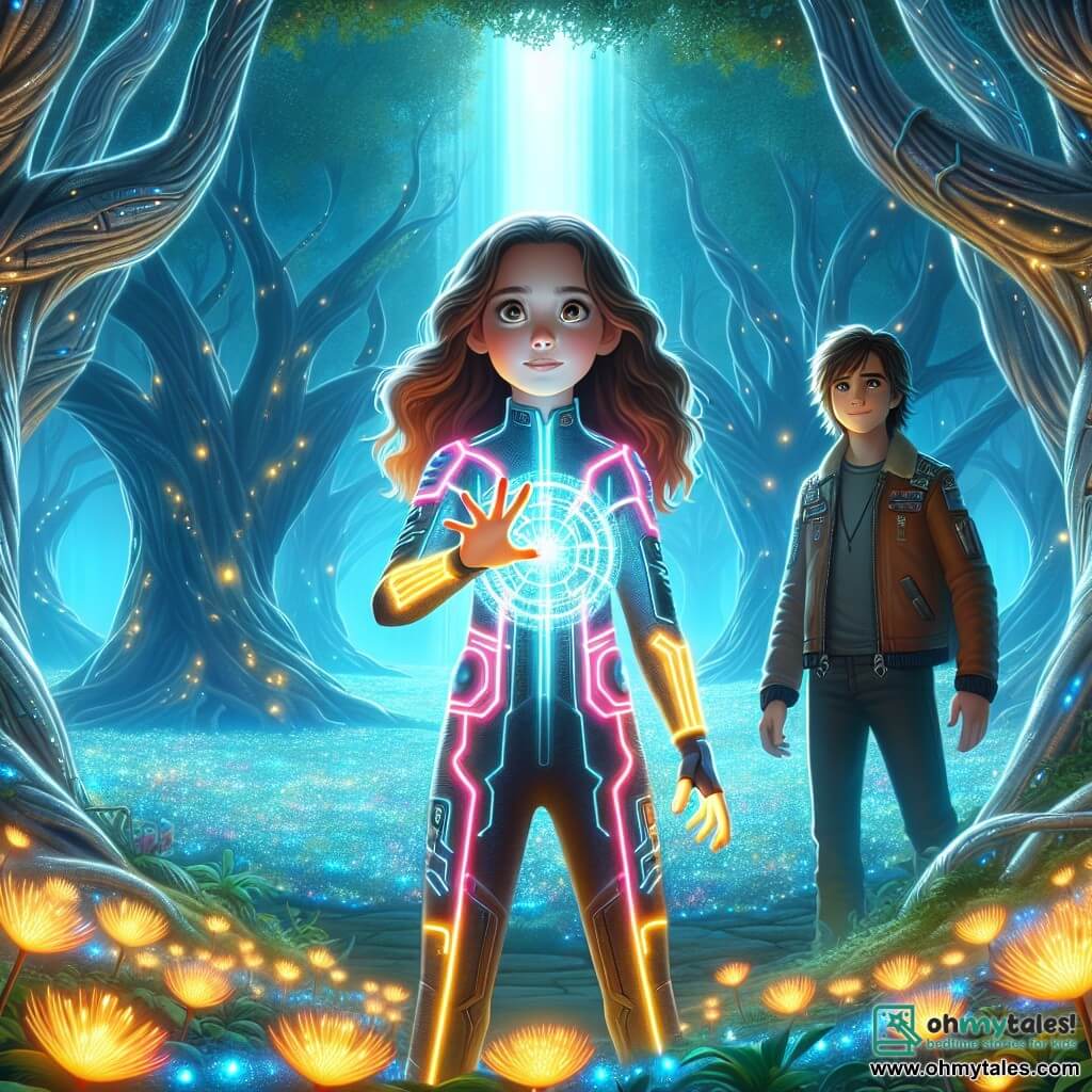 In the center of the image, a 12-year-old girl named Lyra stands with a determined expression on her face. She has long, slightly wavy brown hair and wears a bright, futuristic jumpsuit adorned with glowing circuits. Her eyes shine with excitement as she reaches out towards a colossal portal emitting a brilliant light, symbolizing the Nexus. Beside her, a 12-year-old boy named Orion has messy black hair and a curious look. He is dressed in a leather jacket and a graphic t-shirt, watching the portal with admiration, ready to assist her on this adventure. The setting is an enchanted forest, where majestic trees with silver trunks rise towards the sky, their leaves sparkling like stars. The ground is covered with luminescent flowers that emit a soft glow, creating a magical and mysterious atmosphere. The scene depicts the moment when Lyra and Orion prepare to step through the Nexus portal, symbolizing their courage and determination to discover the wonders of science fantasy that await them.