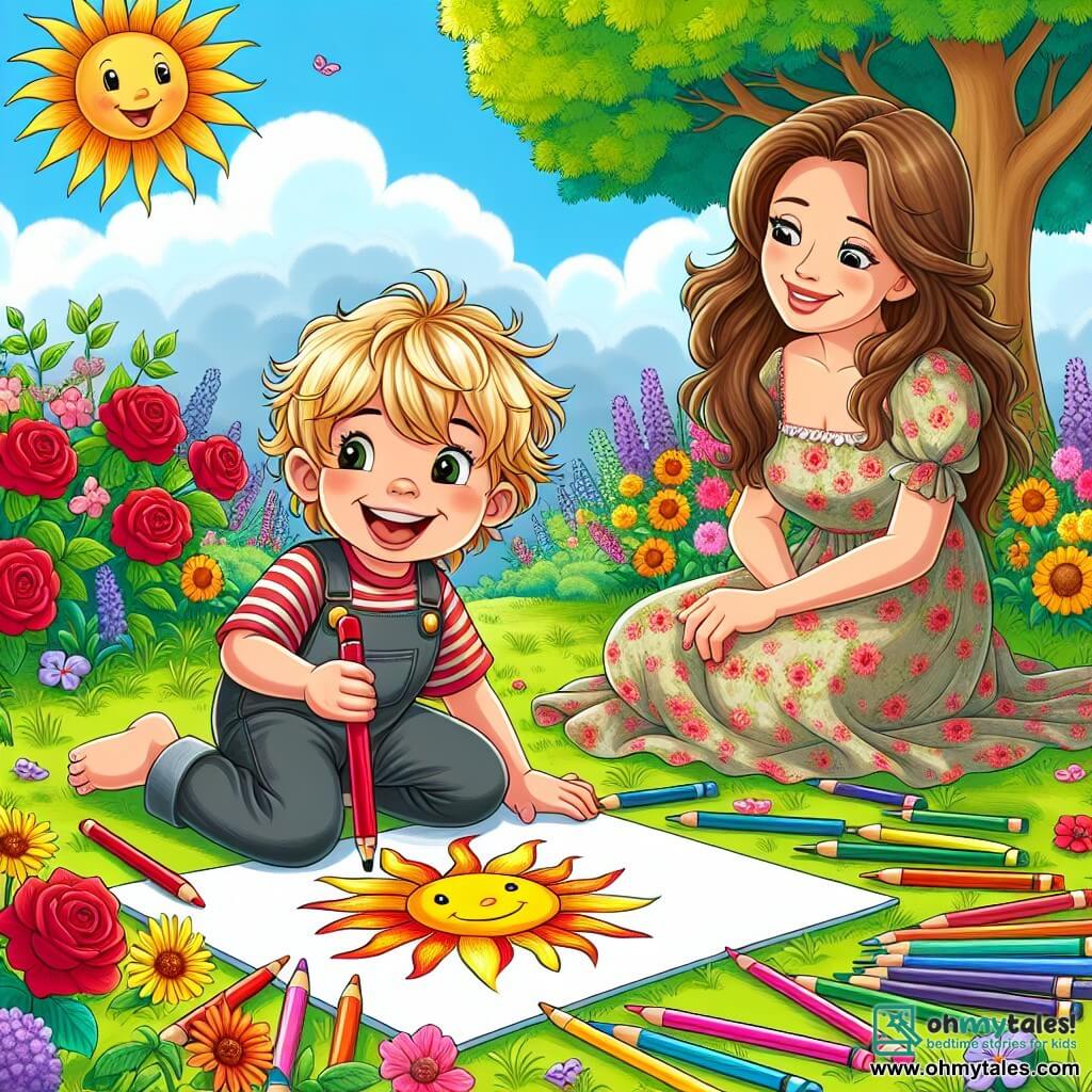 A 2-year-old boy with messy blonde hair and sparkling eyes sits on the green grass, surrounded by scattered crayons. He smiles widely, holding a red crayon in his small hand, ready to draw a sun on a large sheet of white paper. Next to him, his mother, a woman in her 30s with long brown hair and a warm smile, watches him tenderly. She sits cross-legged, dressed in a light, colorful dress, showing him how to draw. The setting is a sunny garden filled with bright flowers like red roses, yellow sunflowers, and violets. A large shady tree stands in the background, its green leaves gently swaying in the wind. The main scene depicts the boy drawing a big sun on his paper while his mother encourages him with a loving gaze, creating a joyful, summery atmosphere.
