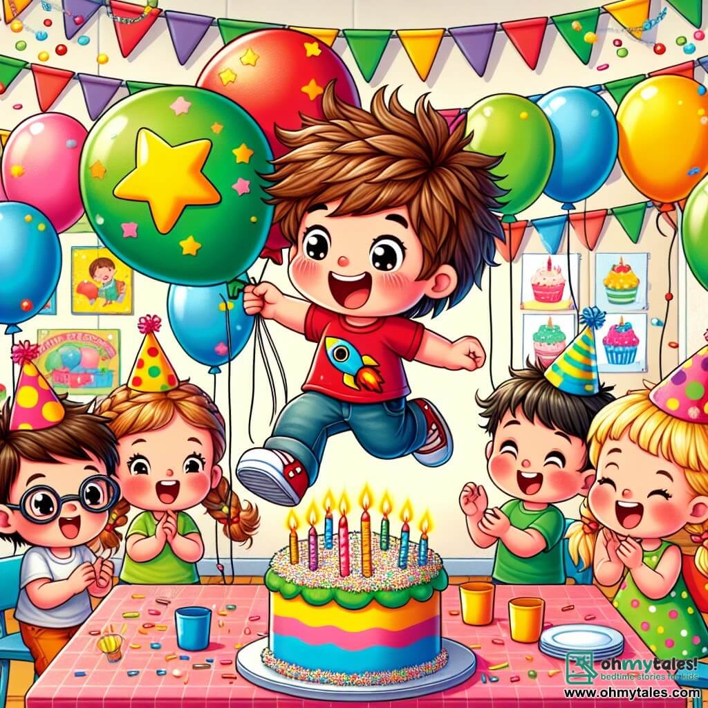 A 4-year-old boy named Tommy, with messy brown hair and sparkling eyes, is wearing a red t-shirt with a large rocket design. He is jumping with joy, a big smile on his face, surrounded by colorful balloons. Next to him is Lily, a 4-year-old girl with braided blonde hair in a polka dot pink dress, holding a star-shaped balloon and laughing happily. Ben, another 4-year-old boy with round glasses and brown hair, is wearing a green t-shirt and clapping enthusiastically. The scene takes place in a classroom decorated with colorful garlands and birthday drawings on the walls. A large table is filled with cupcakes decorated with sprinkles and a huge cupcake-shaped cake in the center. Tommy, surrounded by his friends, is blowing out the candles on his birthday cake while everyone joyfully sings "Happy Birthday." The atmosphere is filled with laughter, bright colors, and a festive vibe.