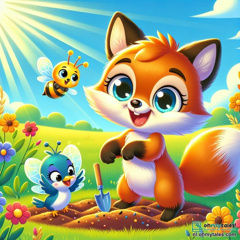 In een zonnig veld plant een kleine oranje vos genaamd Vinnie, met sprankelende ogen van vreugde, zaadjes in zijn nieuwe tuin. Hij heeft een stralende glimlach en zijn pluizige staart is omhoog, wat zijn enthousiasme toont. Naast hem vliegt een kleine gele en zwarte bij met doorschijnende vleugels vrolijk rond de bloemen, terwijl ze nectar verzamelt met een geconcentreerde uitdrukking. Niet ver weg zingt een blauwe vogel met schitterende veren vrolijk op een tak, zijn ogen stralend van geluk, en moedigt Vinnie aan in zijn werk. Het decor is een prachtig groen veld vol kleurrijke bloemen, onder een heldere blauwe lucht, met zonnestralen die de scène verlichten en een vrolijke, lentachtige sfeer creëren. Vinnie viert de lente door zijn tuin te verzorgen, wat de harmonie tussen de dieren en de natuur symboliseert.