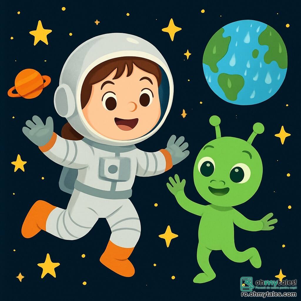 O femeie astronaută, Ana, cu părul brunet și ochii strălucitori, zâmbește vesel în costumul ei spațial argintiu. Ea plutește în spațiu, înconjurată de stele sclipitoare și planete colorate. Lângă ea, un mic extraterestru verde, cu ochi mari și rotunzi și un zâmbet prietenos, ridică mâna pentru a saluta. Locul este un vast spațiu negru presărat cu stele strălucitoare, având în fundal o planetă albastră și umedă, unde picăturile de ploaie sclipesc sub lumina stelelor. Situația principală o arată pe Ana și extraterestrul dansând vesel împreună, sărbătorind noua lor prietenie sub un cer înstelat.