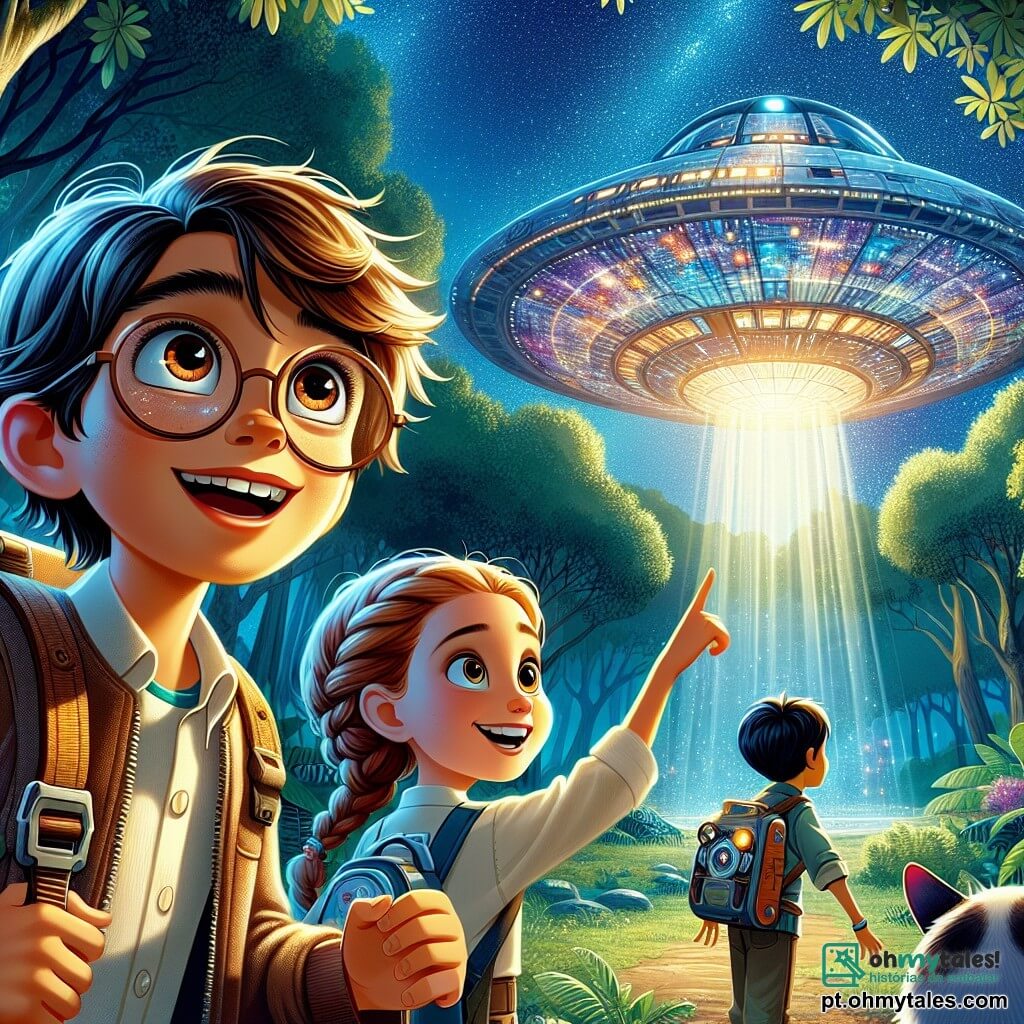 Um garoto de 12 anos, Miguel, com cabelos castanhos bagunçados e olhos brilhantes de curiosidade, está diante de uma magnífica nave espacial. Seu rosto expressa maravilha e empolgação, enquanto aponta para a luz brilhante que emana da porta aberta da nave. Ao lado dele, Ana, uma menina de 11 anos com cabelos loiros trançados e óculos redondos, observa a nave com um sorriso deslumbrado, segurando um pequeno caderno nas mãos, pronta para anotar essa incrível descoberta. Lucas, um garoto de 12 anos com cabelos negros e olhos travessos, está um pouco afastado, rindo e fazendo uma piada, acrescentando leveza à cena. O local é uma clareira verdejante, cercada por árvores majestosas com folhas cintilantes sob a luz das estrelas. A nave, com cores vibrantes e formas futuristas, brilha sob a luz da lua, criando uma atmosfera mágica e misteriosa. A cena principal mostra Miguel, Ana e Lucas, maravilhados, descobrindo a nave extraterrestre que acabou de pousar, prontos para viver uma aventura incrível no espaço.