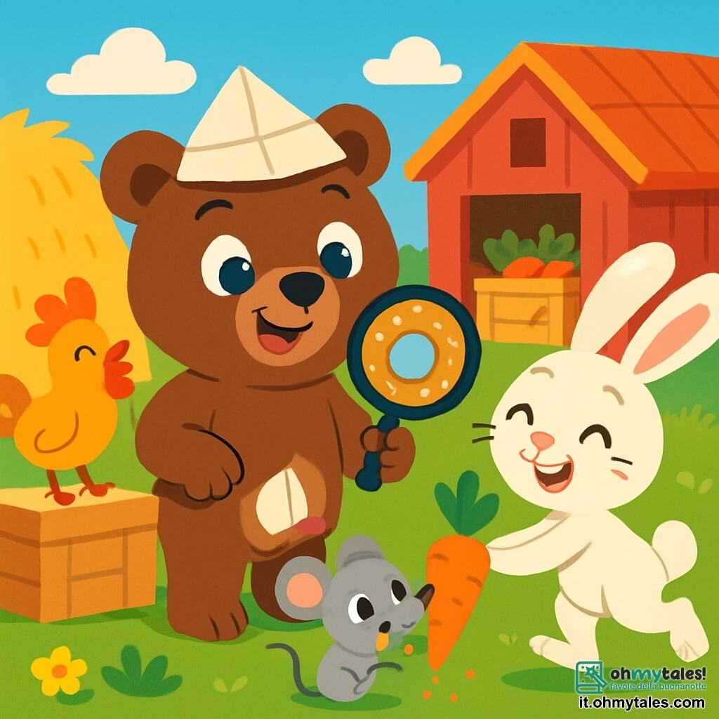 Un orso di nome Birillo, con un morbido pelo marrone e occhi pieni di curiosità, si trova al centro dell'immagine, sorridendo con un'espressione birichina. Indossa un piccolo cappello da detective di carta e tiene una lente d'ingrandimento a forma di ciambella. Accanto a lui, la coniglietta Lilla, con il suo pelo bianco splendente e grandi orecchie, salta allegramente tenendo una carota tra le zampe anteriori. Un piccolo gallo Gigi, con piume dorate e un becco rosso vivo, si trova su una cassa di legno, cantando con entusiasmo. La scena si svolge in una colorata fattoria, con fieno dorato, fiori vivaci e un cielo blu punteggiato di nuvole soffici. Sullo sfondo, si intravede un vecchio fienile, dove le verdure sono accuratamente sistemate. L'orso Birillo e i suoi amici scoprono con sorpresa il piccolo topolino Tino, intento a rosicchiare la carota, con briciole arancioni sul muso. L'atmosfera è gioiosa e piena di risate, catturando lo spirito di un'avventura divertente tra amici.