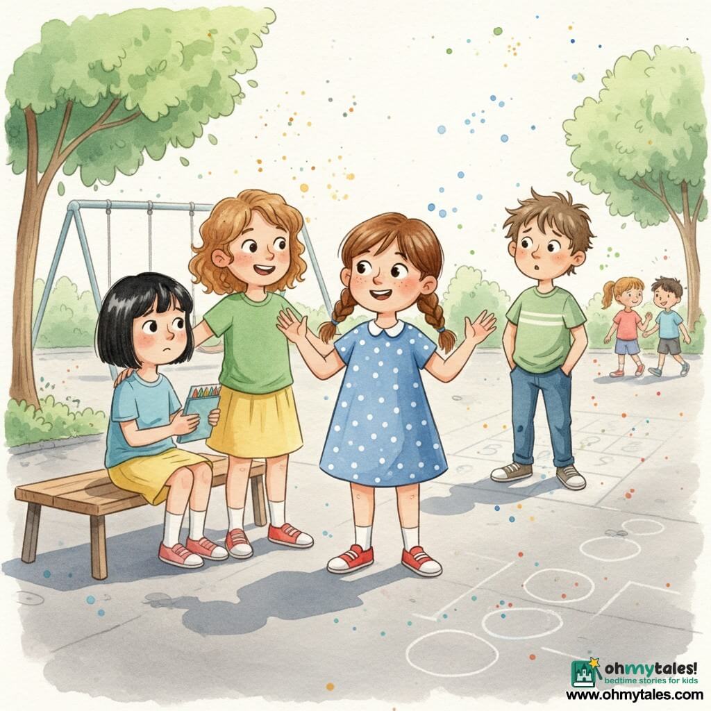 An 8-year-old girl, Lila, round face with light freckles, brown hair in pigtails, determined warm gaze, standing center with arms slightly raised, wearing a blue polka-dot dress and red sneakers; beside her, 8-year-old Mia, light brown curly hair and an encouraging smile, hand on Lila’s shoulder in support, wearing a green t-shirt and yellow skirt; seated nearby on a low bench, 8-year-old Sarah, straight black bob, shy relieved expression, holding a box of crayons and looking at them; a 9-year-old boy, Cody, messy hair and a surprised slightly ashamed face, stands back with hands in pockets near three blurred children walking away; sunny schoolyard with textured concrete, chalk game markings, a small wooden bench, blurred swings and green trees, soft shadows and watercolor paint splashes; scene centers on Lila defending Sarah—an act of courage, solidarity, and calm, with soft colors and warm contrast highlighting hope and kindness.