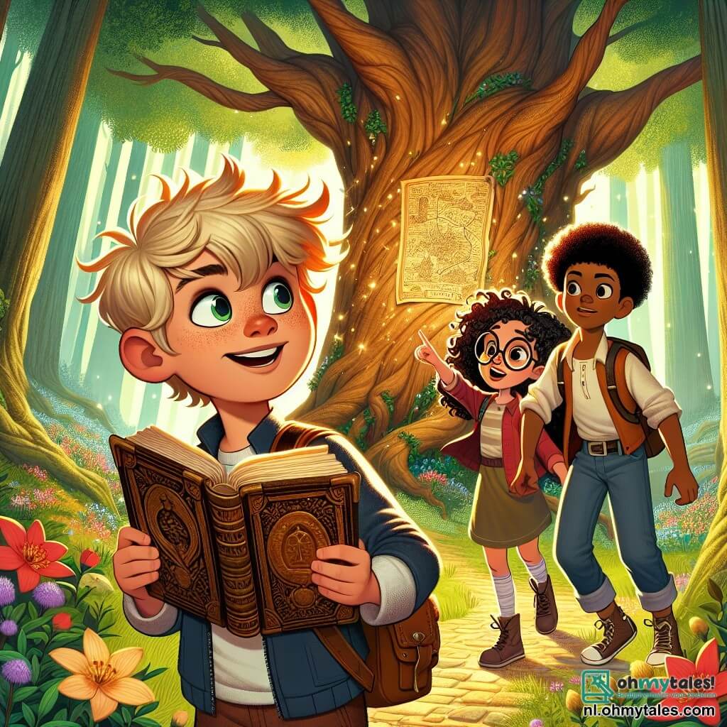 Finn, een jonge jongen met tousled blond haar en nieuwsgierige ogen, staat voor een enorme oude eik met een oud boek in zijn hand en een opgetogen glimlach op zijn gezicht. Naast hem kijkt Jasmijn, een meisje met krullend bruin haar en ronde bril, geconcentreerd naar de kaart, terwijl Max, een stevige jongen met kastanjebruin haar, met een vastberaden blik naar het pad wijst. De locatie is een betoverd bos, waar zonnestralen door de groene bladeren schijnen en kleurrijke bloemen het pad omringen. De scène heeft een magische sfeer, vol mysterie en avontuur. Finn en zijn vrienden ontdekken een oude kaart die hen naar een legendarische schat zou kunnen leiden, omringd door de schoonheid van de natuur en de opwinding van het onbekende.
