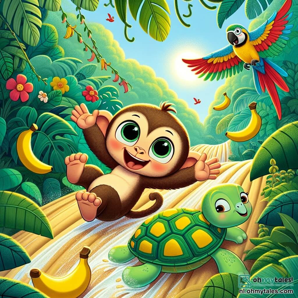 In het midden van de afbeelding glijdt Momo, de blije kleine aap, van een heuvel vol glibberige bananen. Hij heeft een grote glimlach op zijn gezicht, zijn ogen twinkelen ondeugend en zijn armen zijn wijd open om zijn balans te houden. Zijn vacht is lichtbruin met donkere vlekken en hij draagt een klein rood petje. Naast hem vliegt Pipo, de wijze papegaai, in de lucht met zijn felgekleurde veren (groen, blauw en rood) die in de zon glanzen. Hij ziet er geamuseerd uit en moedigt Momo aan door te roepen: "Pas op, Momo!" Tessa, de nieuwsgierige schildpad, staat onderaan de heuvel, kijkt omhoog met een bezorgde maar vrolijke blik. Haar schild is groen met gele patronen en ze glimlacht als ze haar vriend ziet glijden. De achtergrond is een weelderige jungle, vol grote groene bladeren, kleurrijke bloemen en lianen die uit de bomen hangen. De zon straalt door het loof, waardoor dansende schaduwen op de grond ontstaan. De belangrijkste situatie toont Momo die blij van de heuvel glijdt, terwijl zijn vrienden hem aanmoedigen, wat een sfeer van lachen en vriendschap in het hart van de jungle creëert.