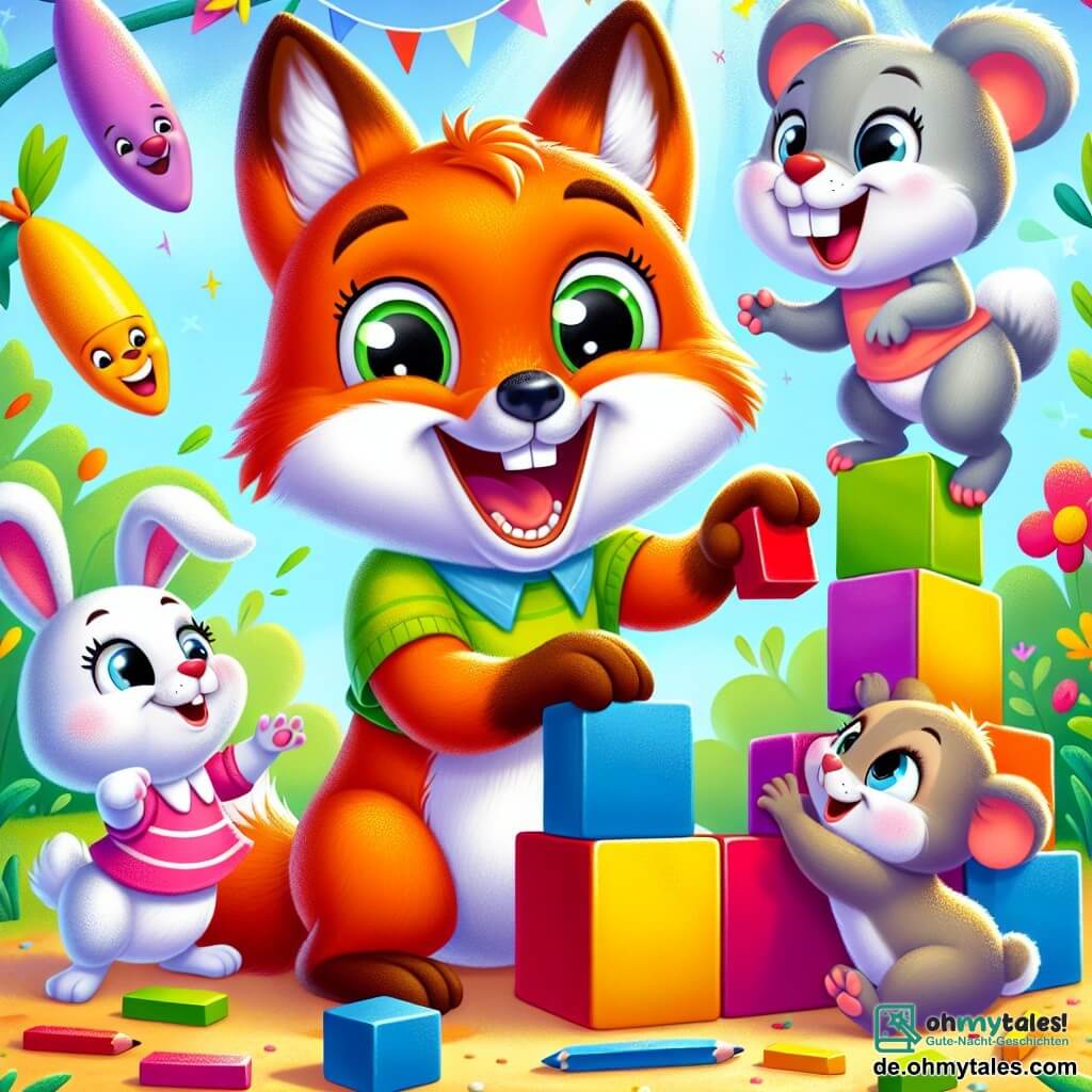 Ein kleiner Fuchs namens Fritz mit leuchtend orangefarbenem Fell und funkelnden Augen baut einen großen, lustigen Turm aus bunten Blöcken. Er lächelt breit und zeigt seine kleinen weißen Zähne. Neben ihm springt Hasi, ein niedlicher Hase mit großen Ohren und weißem Fell, fröhlich herum und hält einen blauen Block. Er hat einen schelmischen Blick und lacht herzhaft. Ben, ein brauner Bär mit rundem Bauch und freundlichem Lächeln, steht direkt dahinter und platziert konzentriert aber glücklich einen grünen Block oben auf den Turm. Schließlich steht Mia, eine kleine graue Maus in einem rosa Kleid, auf den Zehenspitzen, um Fritz einen roten Block zu reichen, ihre Augen strahlen vor Aufregung. Die Szene spielt in einer sonnigen Lichtung, umgeben von grünen Bäumen mit glänzenden Blättern und bunten Blumen, die im Wind tanzen. Der Boden ist mit weichem, flauschigem Gras bedeckt. Die Freunde lachen zusammen, während sie versuchen, einen wackeligen Turm zu bauen, was eine fröhliche und kameradschaftliche Atmosphäre schafft.
