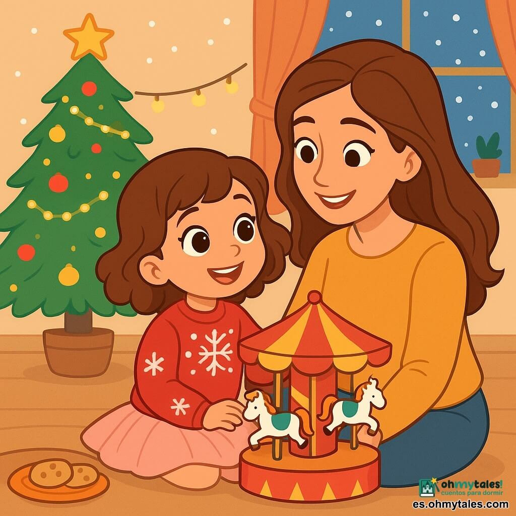 Una niña de 4 años, con grandes ojos brillantes y rizos castaños, sonríe maravillada al mirar un hermoso carrusel de cartón. Lleva un suéter rojo con motivos de copos de nieve y una falda de tul rosa. A su lado, su mamá, una mujer de unos 30 años con cabello largo y castaño, la observa con ternura, sentada en el suelo, abrazando a su hija. El lugar es una acogedora sala de estar decorada para Navidad, con un árbol brillante en una esquina, luces y copos de nieve que caen suavemente por la ventana. La habitación está llena del aroma de galletas recién horneadas y chocolate caliente. La situación principal muestra a la niña haciendo girar el carrusel, sus juguetes de papel bailando alegremente, mientras su mamá la anima con una dulce sonrisa, creando una atmósfera de magia y felicidad familiar.