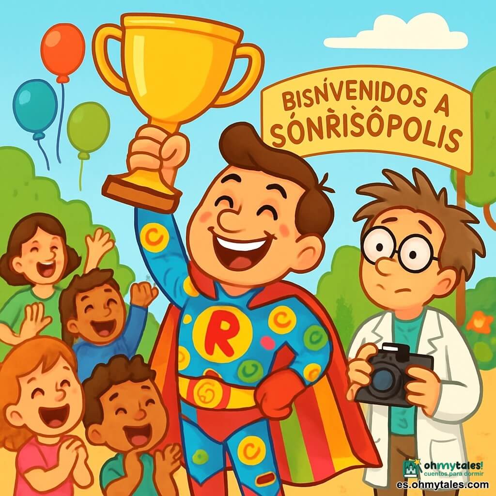 Un hombre sonriente, el superhéroe Hombre Risa, lleva una capa colorida y un traje brillante con motivos de risas. Tiene ojos chispeantes de alegría y una amplia sonrisa que ilumina su rostro. Se encuentra en el centro del escenario, levantando un gran trofeo dorado con orgullo. A su lado, el Dr. Selfie, un hombre de cabello desordenado y gafas redondas, observa con sorpresa y una sonrisa tímida. Lleva una bata blanca y sostiene una cámara, listo para inmortalizar el momento. La escena transcurre en la animada plaza de Sonrisópolis, llena de gente alegre. Globos coloridos flotan en el aire, y los niños ríen alrededor. Árboles verdes y flores brillantes decoran el paisaje, mientras que un gran cartel "Bienvenido a Sonrisópolis" es visible al fondo. La situación principal muestra a Hombre Risa celebrando su victoria sobre el Dr. Selfie, quien intentó atrapar a los habitantes con un imán gigante. Ambos personajes están rodeados de la multitud entusiasta que aplaude y sonríe, creando una atmósfera festiva y alegre.