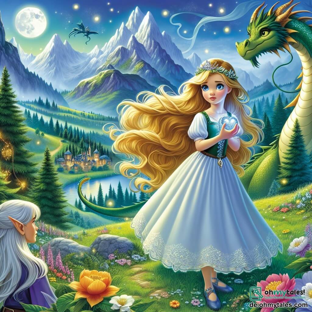 Die Prinzessin Elara, ein etwa 12-jähriges Mädchen, steht mutig auf einem grünen Hügel, ihre langen goldenen Haare wehen im Wind. Ihr Gesicht zeigt sanfte Entschlossenheit, während sie ein wunderschönes silbernes Amulett in der Hand hält, das im Mondlicht glänzt. An ihrer Seite schaut ein majestätischer Drache mit schimmernden grünen und goldenen Schuppen, der sowohl beschützend als auch freundlich wirkt, mit weisen Augen auf sie. Etwas weiter entfernt beobachtet eine etwa 15-jährige Elfe namens Arwen mit spitzen Ohren und silbernem Haar die Szene mit einem ermutigenden Lächeln und ist bereit, die Prinzessin auf ihrer Reise zu unterstützen. Die Szenerie ist ein verzaubertes Tal, das im silbernen Licht des Mondes badet, umgeben von majestätischen Bergen und üppigen Wäldern. Bunte Blumen und Glühwürmchen tanzen um sie herum und verleihen der Atmosphäre einen Hauch von Magie. Elara ist bereit, dem Drachen zu begegnen, mit einem Ausdruck von Mut und Mitgefühl auf ihrem Gesicht, während der wohlwollende Drache sich zu ihr neigt, bereit, ihr auf ihrer Suche nach Frieden für ihr Königreich zu helfen.