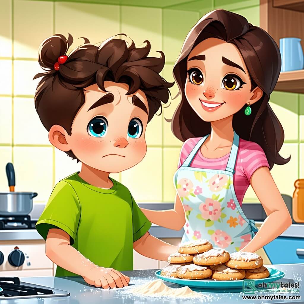 A 6-year-old boy with curly brown hair is wearing a bright green t-shirt. He has sparkling blue eyes and a worried face, with a slight pout on his lips. He stands in a bright kitchen with his hands on the counter, looking longingly at a plate of cookies. Next to him, his mom, a woman around 30 with long brown hair tied in a bun, is wearing a floral apron and smiling gently at her son. She is near the oven, with flour on her hands, adding warmth to the scene. The spacious kitchen has sunny yellow walls, a large window letting in daylight, and green plants on the sill. A sweet smell of chocolate fills the air. The main situation shows the boy hesitating, looking at the pile of cookies with a guilty expression, while his caring mom speaks to him softly, creating an atmosphere of tenderness and understanding.