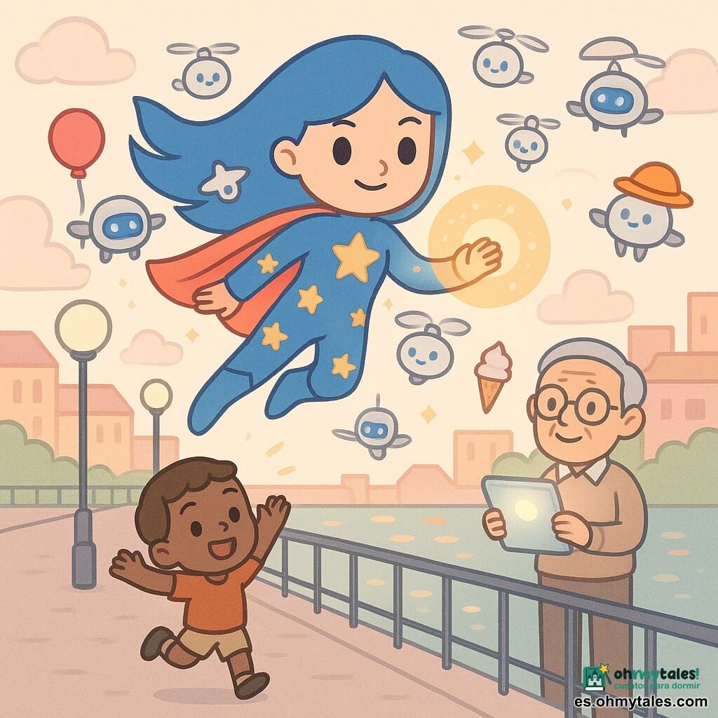 Una superheroína llamada Estrella Radiante, rostro sonriente y decidido, cabello largo azul al viento y traje azul con estrellas doradas, vuela sobre un muelle metálico iluminando con una luz circular cálida que guía pequeños drones blancos y plateados con ojos LED azules; a la derecha, Don Sabio, un anciano de unos 70 años, con pelo gris y gafas redondas, sonríe sosteniendo una tablet luminosa, y a la izquierda abajo un niño de unos 7 años de cabello castaño corto salta de alegría mientras un dron le devuelve su globo rojo; de fondo, río brillante con reflejos coloridos, farolas redondas, edificios en tonos pastel y nubes suaves, ambiente alegre, colores vivos y composición centrada en Estrella.