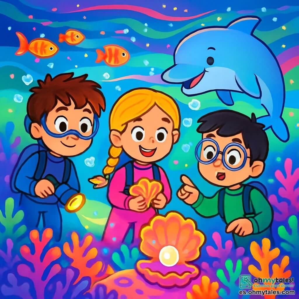 Hay 3 personajes: - Lucas: un niño de 8 años, con el cabello castaño desordenado y ojos brillantes. Lleva un traje de buceo azul y sostiene una pequeña linterna submarina, mirando con curiosidad a su alrededor. - Sofía: una niña de 7 años, con cabello rubio largo trenzado y una sonrisa radiante. Lleva un traje de buceo rosa y sostiene una concha brillante, fascinada por los colores del agua. - Martín: un niño de 8 años, con cabello negro y gafas redondas. Lleva un traje de buceo verde y señala una perla brillante escondida en un arrecife de coral, con los ojos muy abiertos de asombro. Los tres amigos están juntos en el centro de una laguna mágica, rodeados de aguas luminosas que brillan en mil colores. Corales vibrantes y peces multicolores nadan a su alrededor, creando una atmósfera encantada. La escena principal muestra a los niños descubriendo la perla escondida en el arrecife, con burbujas de aire escapando a su alrededor, mientras un delfín alegre, llamado Estrella, los observa con una sonrisa amistosa.