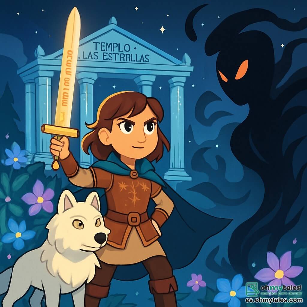Una joven, Lira, se encuentra orgullosamente en el centro del escenario, con sus ojos grises brillando con una determinación ardiente. Lleva una armadura ligera de cuero adornada con motivos florales y una capa azul noche que flota detrás de ella. En su mano, empuña la brillante Espada del Alba, una espada dorada que emite un resplandor cálido, iluminando su rostro decidido y valiente. A su lado, un majestuoso lobo blanco llamado Bruma, con ojos dorados, está listo para defender a su ama. Su pelaje es sedoso y brillante, y observa con vigilancia, preparado para saltar en cualquier momento. Al fondo, el Templo de las Estrellas se alza majestuosamente, con columnas de cristal que brillan bajo la luz de las estrellas. Flores luminosas rodean el templo, creando una atmósfera mágica. La escena representa el momento crucial en que Lira se enfrenta a la Sombra, una figura oscura y amenazante que emite sombras en espiral. La tensión es palpable y el aire está cargado de magia vibrante, mientras la luz de la espada de Lira lucha contra la oscuridad.