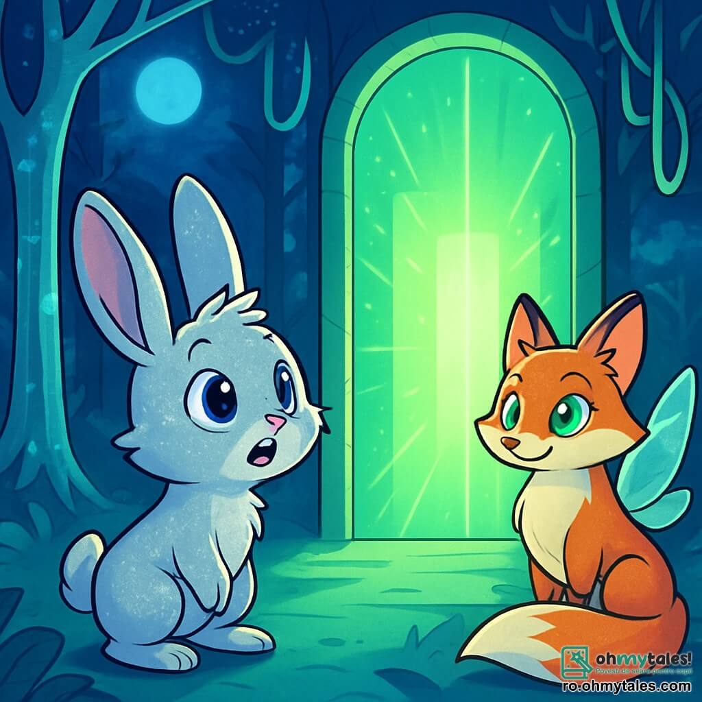 Un iepuraș tânăr cu urechi mari, Lior, cu o blană argintie strălucitoare și ochi albaștri ca safirul, stă în fața unei uși imense de lumină verde, inima lui bătând de anticipație. Alături de el, Zephyra, o vulpe magnifică cu aripi translucide strălucitoare, observă cu un zâmbet binevoitor, ochii ei verzi strălucind de curiozitate și încurajare. Decorul este o pădure fermecată, unde copacii cu trunchiuri de cristal strălucesc sub lumina unei luni albastre, iar lianele luminescente dansează în vânt, creând o atmosferă magică. Scena îi arată pe Lior și Zephyra pregătiți să treacă prin ușa misterioasă, simbolizând începutul unei aventuri palpitante, înconjurați de o aură de mister și promisiune.