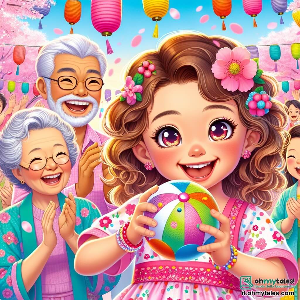 Una bambina di 4 anni, di nome Mia, con grandi occhi brillanti e capelli ricci, indossa un vestito rosa decorato con fiori. Sorride con meraviglia, tenendo una piccola palla colorata tra le mani, pronta a giocare. Accanto a lei, sua nonna, una donna di circa 65 anni con capelli grigi e un sorriso caloroso, la incoraggia con entusiasmo, mentre suo nonno, un uomo di 70 anni con barba bianca e occhiali, applaude gioiosamente. Si trovano in un bellissimo parco a Tokyo, dove i ciliegi in fiore creano un cielo rosa e bianco sopra di loro, e lanterne colorate fluttuano nell'aria. Gruppi di persone ballano e ridono intorno a loro, contribuendo all'atmosfera festosa. Mia si prepara a lanciare la palla verso un grande bersaglio colorato, circondata da risate e applausi, mentre si lancia in questa avventura gioiosa e colorata.