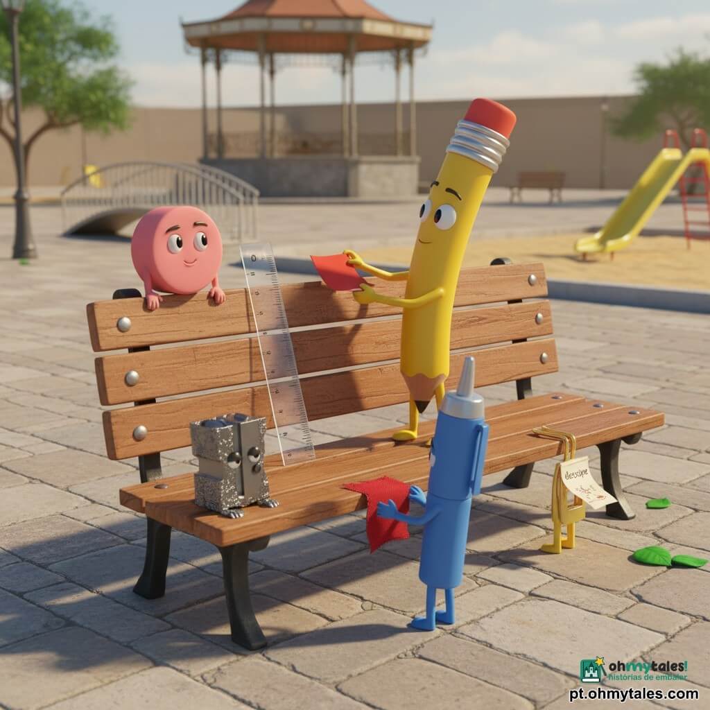 Personagem principal: Nilo, lápis amarelo magro e brilhante, olhos negros redondos, expressão determinada e doce, segurando delicadamente uma pequena flâmula vermelha enquanto a recoloca no banco. Personagens secundários: Pipa, borracha rosa redonda e sorridente/inquieta, à esquerda do lápis rolando na borda do banco e olhando a flâmula; Fio, afiador metálico pequeno e áspero, com ar rabugento mas aliviado, junto ao pé do banco observando; Lila, régua transparente, direita e orgulhosa, encostada no encosto observando com seriedade; Bina, caneta azul tímida e envergonhada, mãos juntas à frente do banco segurando um remendo de tecido vermelho; Pin, clipe dourado pequeno e constrangido, preso na borda do banco com um bilhete “desculpe”. Local: um pequeno parque ensolarado com piso de paralelepípedos, banco de madeira gasto, coreto e passarela ao fundo, areia, folhas verdes e escorregador amarelo visíveis. Situação: momento caloroso de amizade em fim de tarde, os amigos consertam e devolvem a flâmula ao banco com gestos precisos (nó reforçado, remendo costurado), expressões de alívio, luz suave e paleta de cores quente, composição centrada no banco com os personagens em semicírculo.