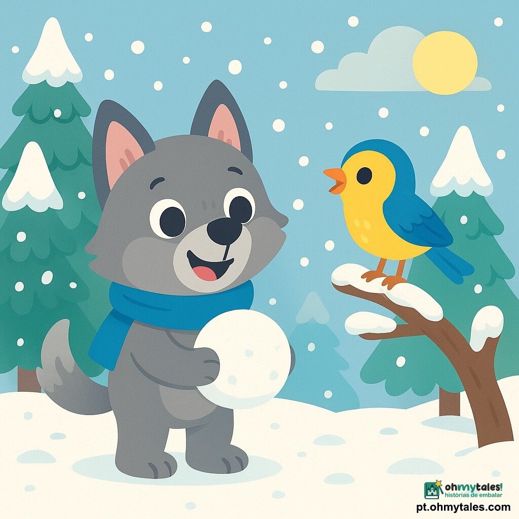 Um pequeno lobo com olhos brilhantes e pelagem cinza macia, vestindo um cachecol azul, se diverte fazendo uma bola de neve. Ele tem um sorriso alegre no rosto, suas pequenas orelhas pontudas se levantam com excitação. Ao lado dele, um pequeno pássaro com penas amarelas e azuis, empoleirado em um galho, canta alegremente, seus olhos brilhando de felicidade. A cena acontece em uma floresta encantada, onde as árvores estão cobertas de neve cintilante, e o chão é coberto por um espesso manto branco. O pequeno lobo, com sua bola de neve, parece pronto para brincar, enquanto o sol aparece timidamente entre as nuvens cinzas, trazendo uma suave luz de inverno.