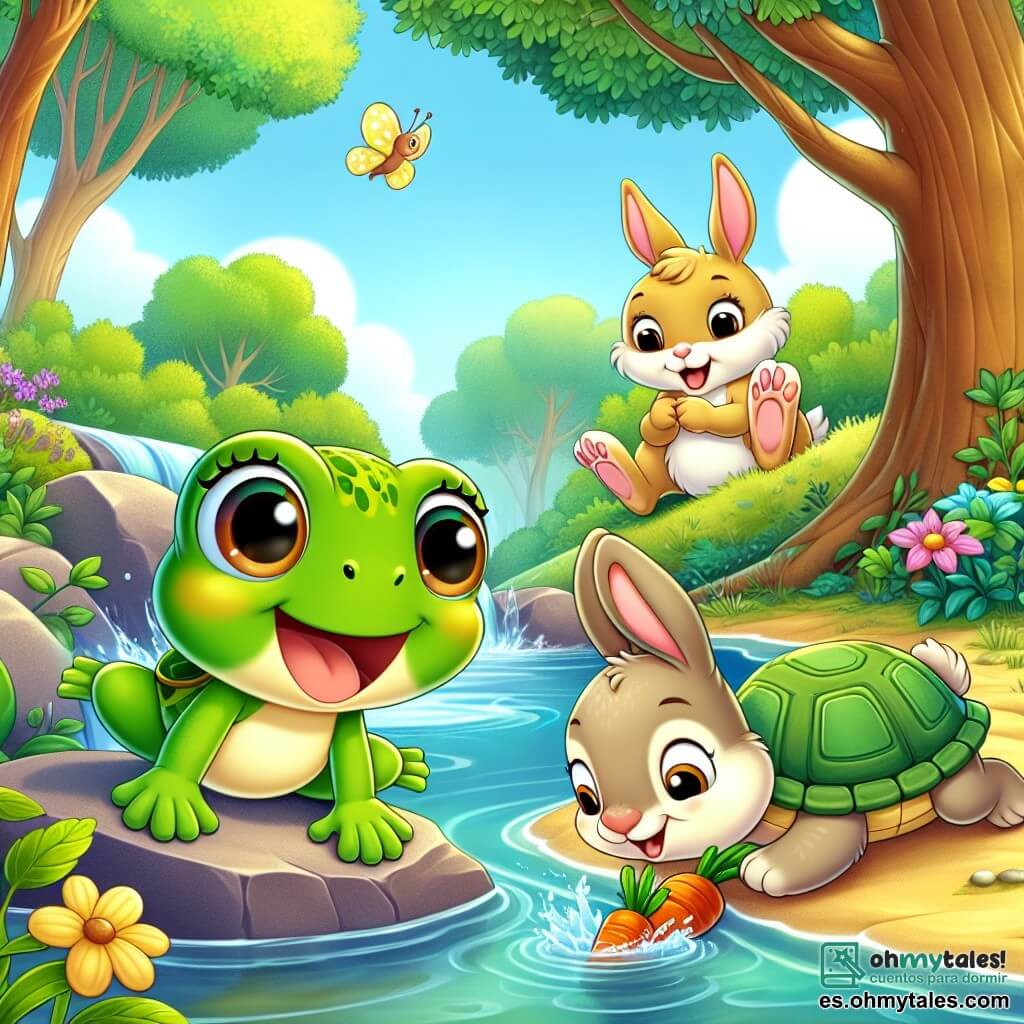 Una pequeña rana llamada Rani, con piel verde brillante y grandes ojos redondos, salta alegremente al borde de un arroyo. Sonriente y entusiasta, observa el agua que comienza a fluir de nuevo. A su lado, un pequeño conejo llamado Tito, con orejas largas y pelaje suave de color beige, come una zanahoria mientras mira el arroyo con curiosidad. Más lejos, una tortuga llamada Lila, con un caparazón verde y ojos sabios, se encuentra sobre una piedra, dirigiendo los esfuerzos de sus dos amigos con determinación. El lugar es un hermoso paisaje forestal, con árboles de hojas verdes, flores coloridas a lo largo del arroyo y rayos de sol filtrándose entre las ramas. La escena principal muestra a Rani, Tito y Lila trabajando juntos para llevar el agua de vuelta al arroyo, simbolizando la amistad y la cooperación entre los animales.