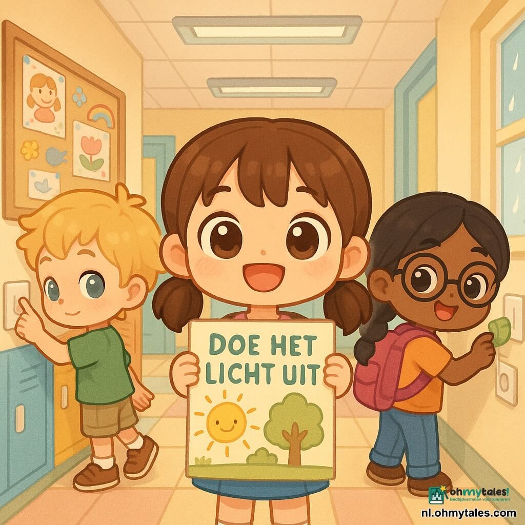 Drie kinderen van 10 jaar: Rosa (bruine staartjes, grote heldere ogen) staat in het midden en houdt een kleurrijke affiche Doe het licht uit met zon- en boomtekeningen; Elias (blond, warrig haar, groen T‑shirt) links staat op zijn tenen en drukt op een getekende muurschakelaar; Mila (zwart haar in vlecht, ronde bril) rechts plakt een sticker in de vorm van een blad bij een schakelaar. Ze staan in een eenvoudig licht schoolgang met pastelkleurige tegels, kleurrijke kluisjes, een kurkbord met kindertekeningen en stickers en een raam met regen; fluorescerende lampen hangen aan het plafond waarvan enkele uit zijn. De drie voeren een vriendelijke, coöperatieve energiebesparingscampagne op school uit met enthousiaste gezichten, levendige kleuren en een sfeer van hoop en gezamenlijke actie.