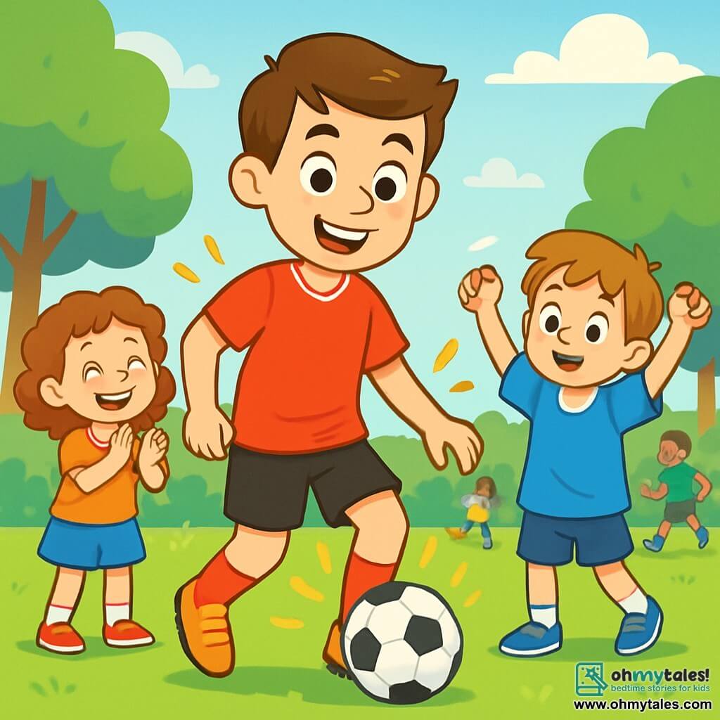 A man, Liam, is at the center of the image, smiling with sparkling eyes of excitement. He is wearing a bright red football jersey and black shorts, with shiny sports shoes. He is dribbling a football on a green field, surrounded by an aura of joy and energy. To his right, Jack, an 8-year-old boy, is wearing an oversized football jersey and blue shorts. He looks at Liam with admiration, arms raised in encouragement. To his left, Lucy, a 7-year-old girl with curly hair and a bright smile, is enthusiastically clapping, her eyes shining with excitement. The setting is a sunny park with lush green trees in the background and a clear blue sky. Children are playing football around them, creating a joyful and dynamic atmosphere. The main scene shows Liam teaching the children how to dribble the ball, with laughter and encouragement in the air, illustrating the spirit of teamwork and the joy of the game.