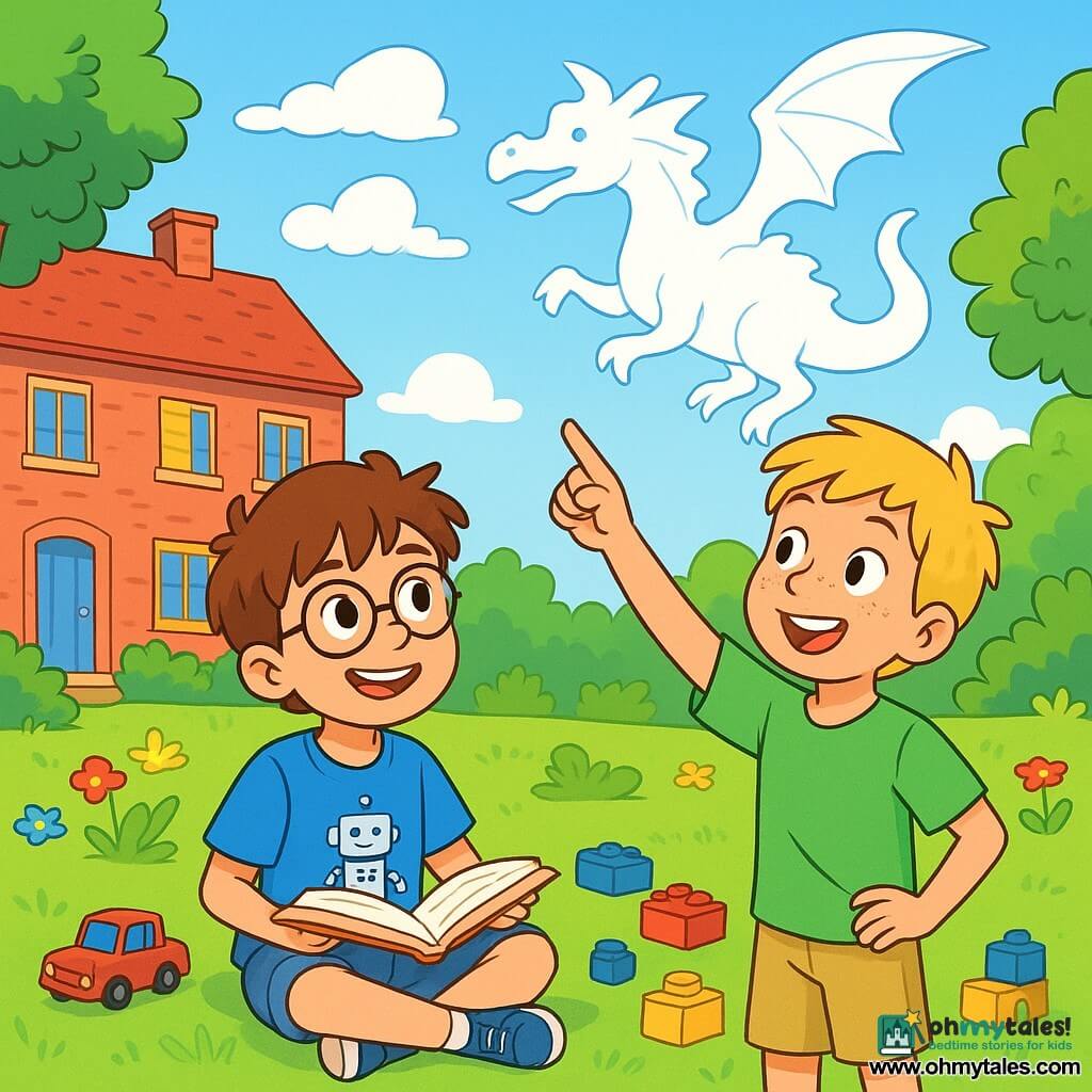 There are two main characters: Eli, a 10-year-old boy with messy brown hair and round glasses, wearing a blue t-shirt with a robot print and denim shorts, sitting on the grass with a smile, holding an open book on his lap; and Max, also 10, with blond hair and freckles on his nose, wearing a green t-shirt and shorts, standing next to Eli, pointing at a dragon-shaped cloud in the sky. The scene takes place in a sunny garden filled with colorful flowers and lush trees, with vibrant green grass and a clear blue sky dotted with fluffy white clouds. In the background, a large red brick house with a blue door and yellow curtain windows stands. The main situation shows Eli and Max playing together, laughing and marveling at the cloud shapes while taking a break from their screens, surrounded by scattered toys like miniature cars and building blocks, symbolizing their creativity and imagination.