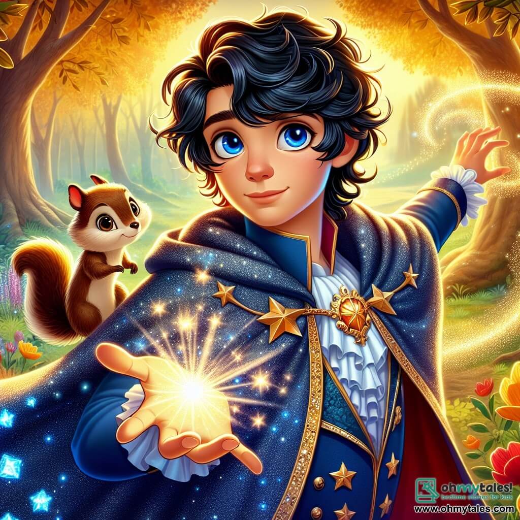 Prince Elion, a young boy of about 16, stands at the center of the scene. He has deep blue eyes, shiny black hair falling in curls around his face, and wears a beautiful starry cape that sparkles in the light. His expression is determined and full of courage as he reaches out to a glowing light, the heart of light, floating before him. Beside him, Nutmeg, a mischievous little squirrel, joyfully jumps on a branch. With his soft brown fur and sparkling eyes, he looks at Elion with admiration, ready to encourage him in his quest. In the background, the scene unfolds in an enchanted clearing surrounded by trees with golden leaves that shine like jewels. Colorful flowers, illuminated by a gentle light, dance softly in the breeze, creating a magical atmosphere. The main situation shows Elion reaching for the heart of light, a brilliant jewel radiating vibrant colors, symbolizing hope and magic, as he prepares to save his kingdom from darkness.