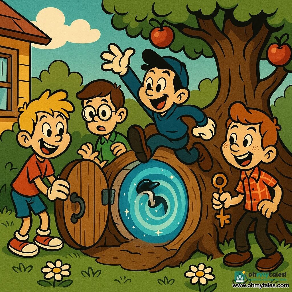Four children: a blond boy about 11 with messy hair, red T‑shirt and jean shorts, smiling as he holds a small round wooden door open and leans toward a glowing tunnel (left foreground); a brown‑haired boy about 10 with short hair and round glasses, wearing a green polo, surprised and backing away slightly (center‑right just behind the door); a black‑haired boy about 11 with a backwards cap and blue hoodie, leaping toward the light with an outstretched arm, excited (center, jumping into the portal); and a redheaded boy about 10 with freckles and a plaid shirt, holding a shiny key and looking at his friends joyfully (right near a tree trunk). Setting: a small backyard corner with green lawn dotted with daisies and an old apple tree with exposed roots at whose base sits a child‑sized round wooden door with aged black iron fittings; a spiral tunnel of cyan and white light full of sparks emerges from the door, contrasting with warm wood and brown earth. Mood: the four friends discover and open a secret door at the tree’s base as a blue luminous spiral spills out, one boy rushes in while the others show wonder, surprise and pride; magical atmosphere, vivid colors, soft shadows, retro cartoon style with flowing lines and exaggerated expressions.